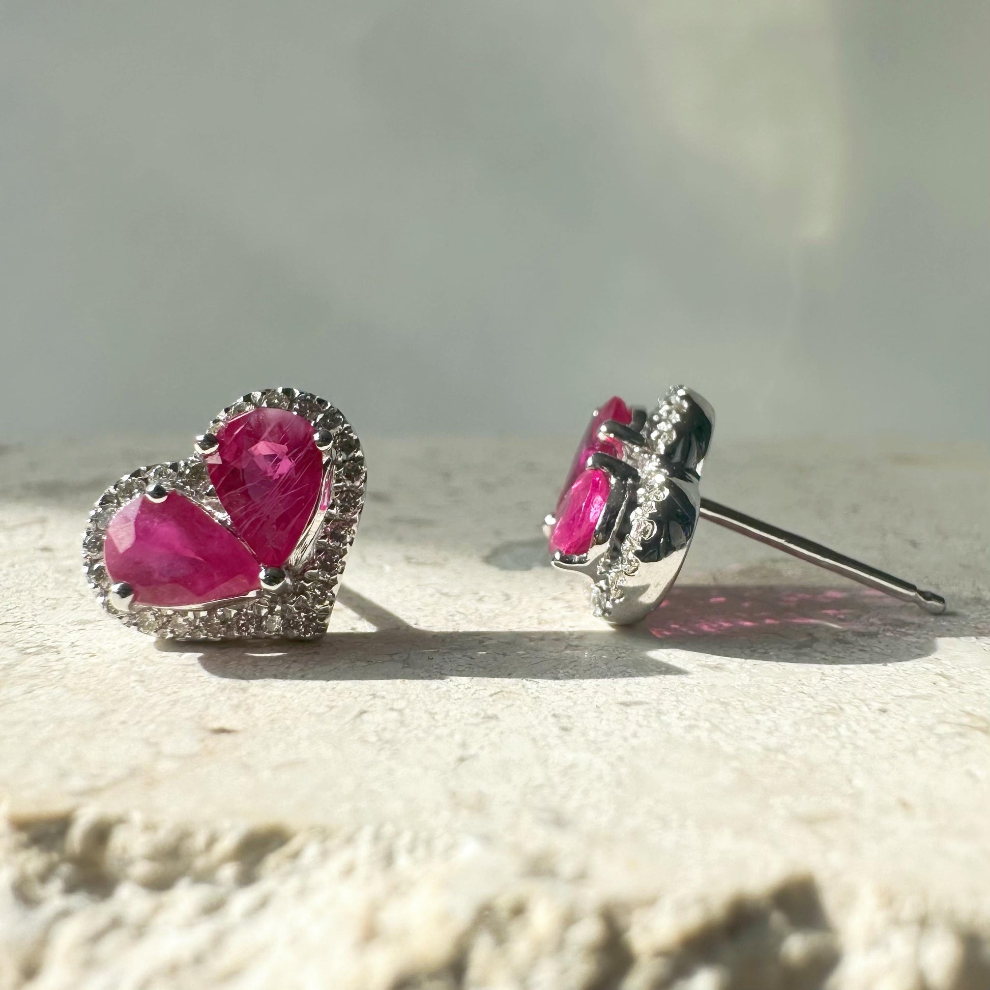 14K Solid White Gold Teardrop Ruby and Diamond Heart Earrings