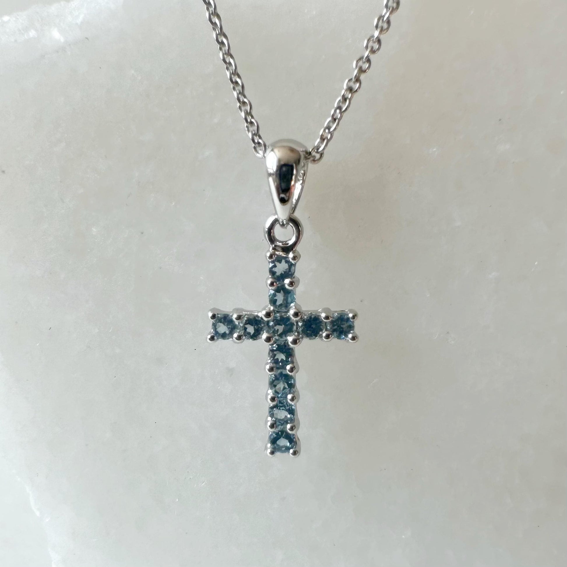 14K Solid Gold Genuine Blue Topaz Cross Pendant