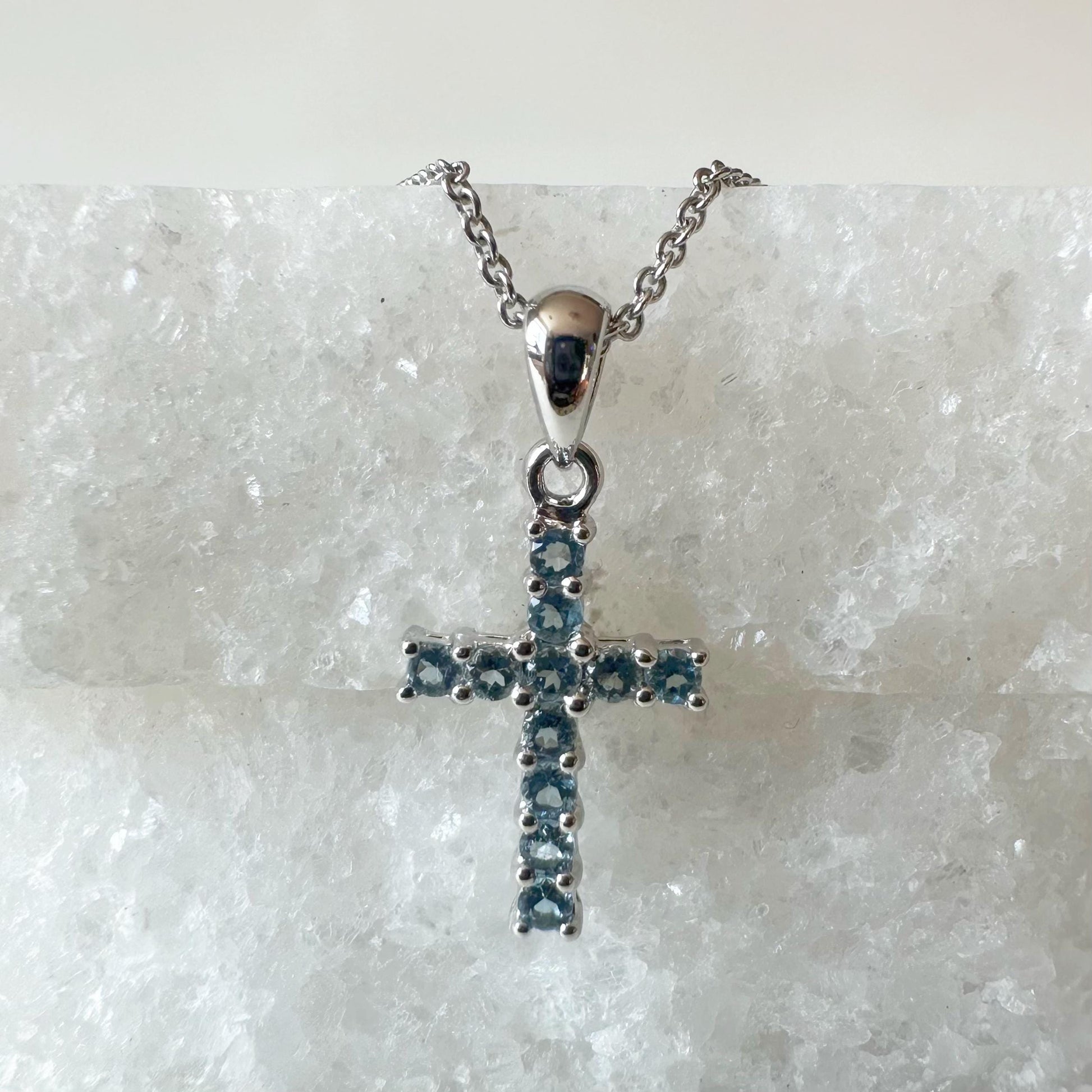 14K Solid Gold Genuine Blue Topaz Cross Pendant