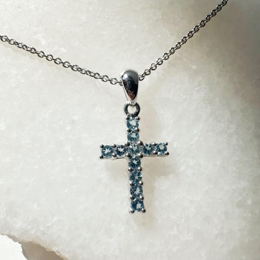 14K Solid Gold Genuine Blue Topaz Cross Pendant