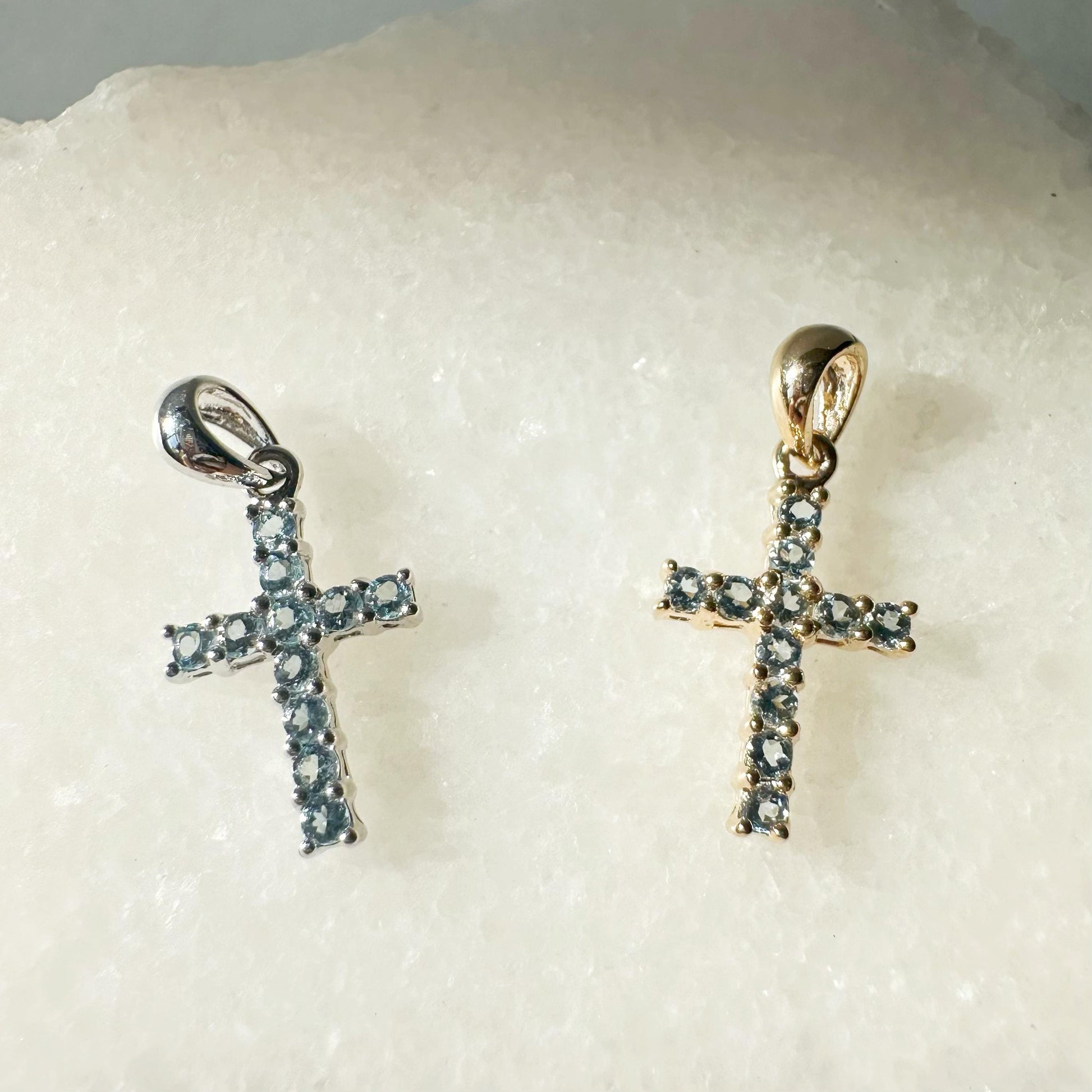 14K Solid Gold Genuine Blue Topaz Cross Pendant
