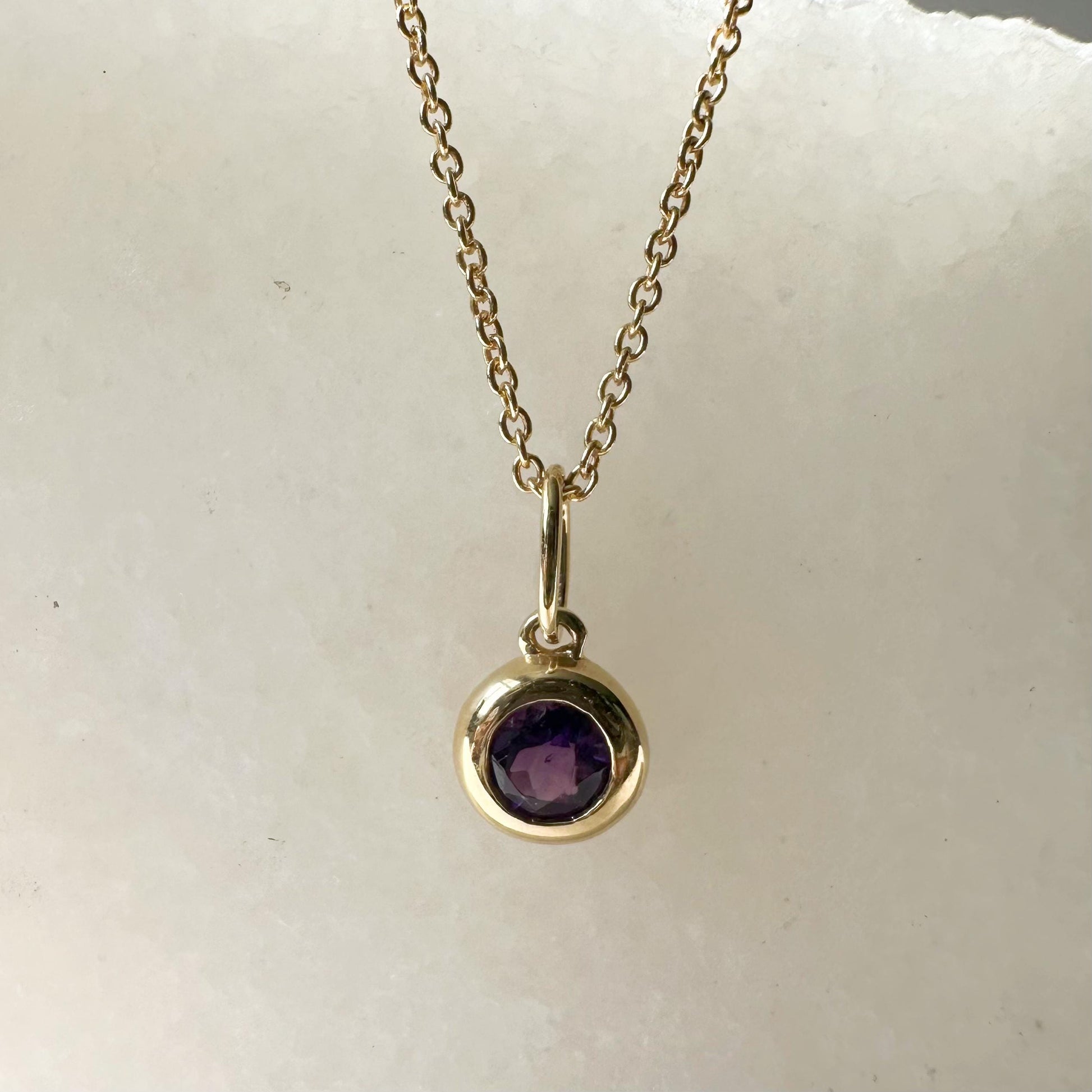 14K Solid Gold Genuine Bezel Amethyst Pendant