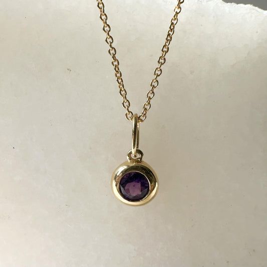 14K Solid Gold Genuine Bezel Amethyst Pendant