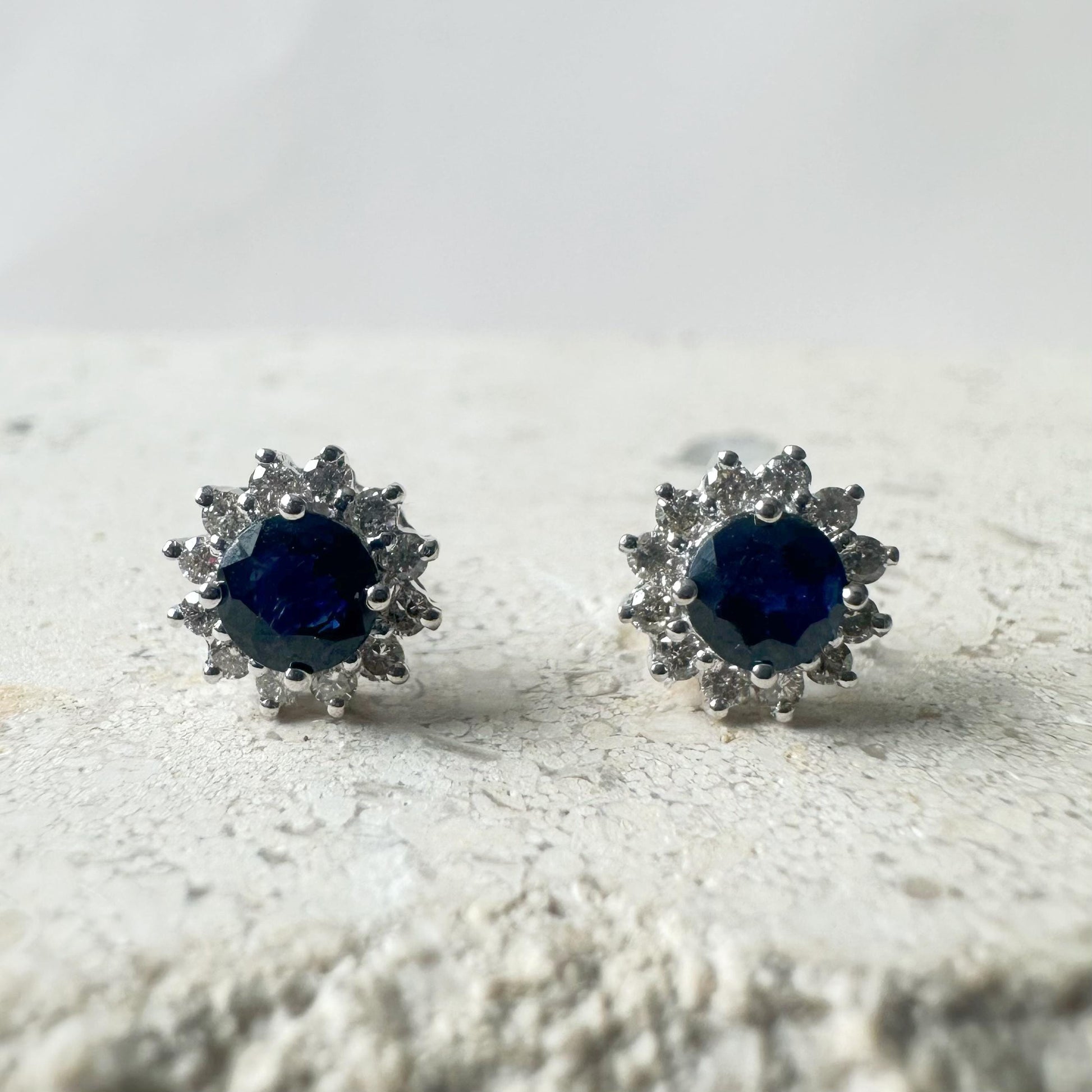 14K Solid Gold Genuine Sapphire and Diamond Sun Studs/Pair