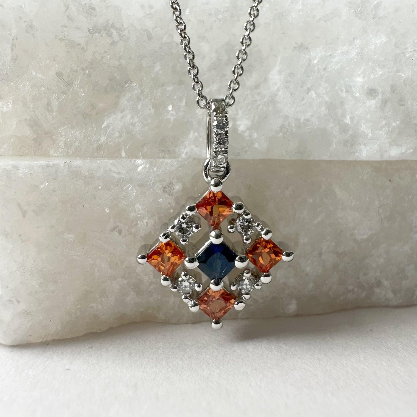 14K Solid Gold Genuine Color Sapphire and Diamond Tetris Pendant