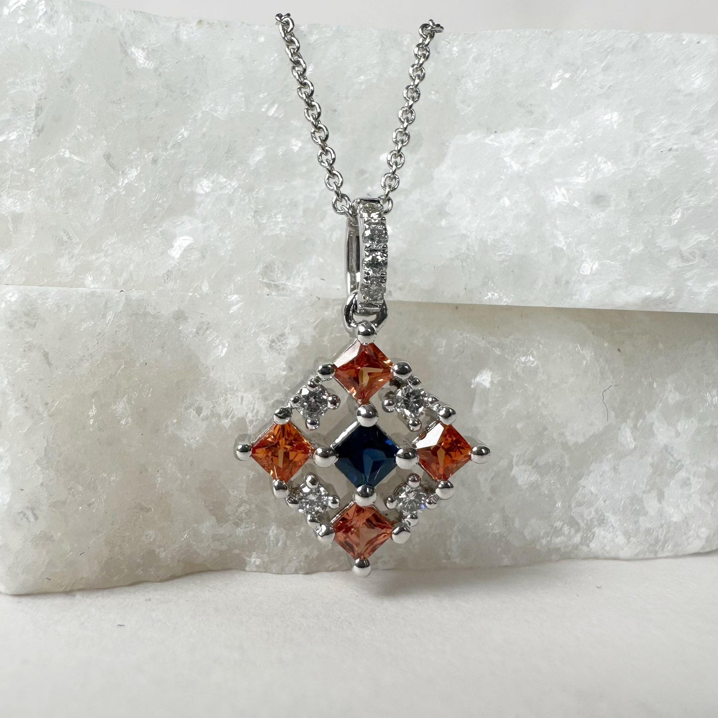 14K Solid Gold Genuine Color Sapphire and Diamond Tetris Pendant