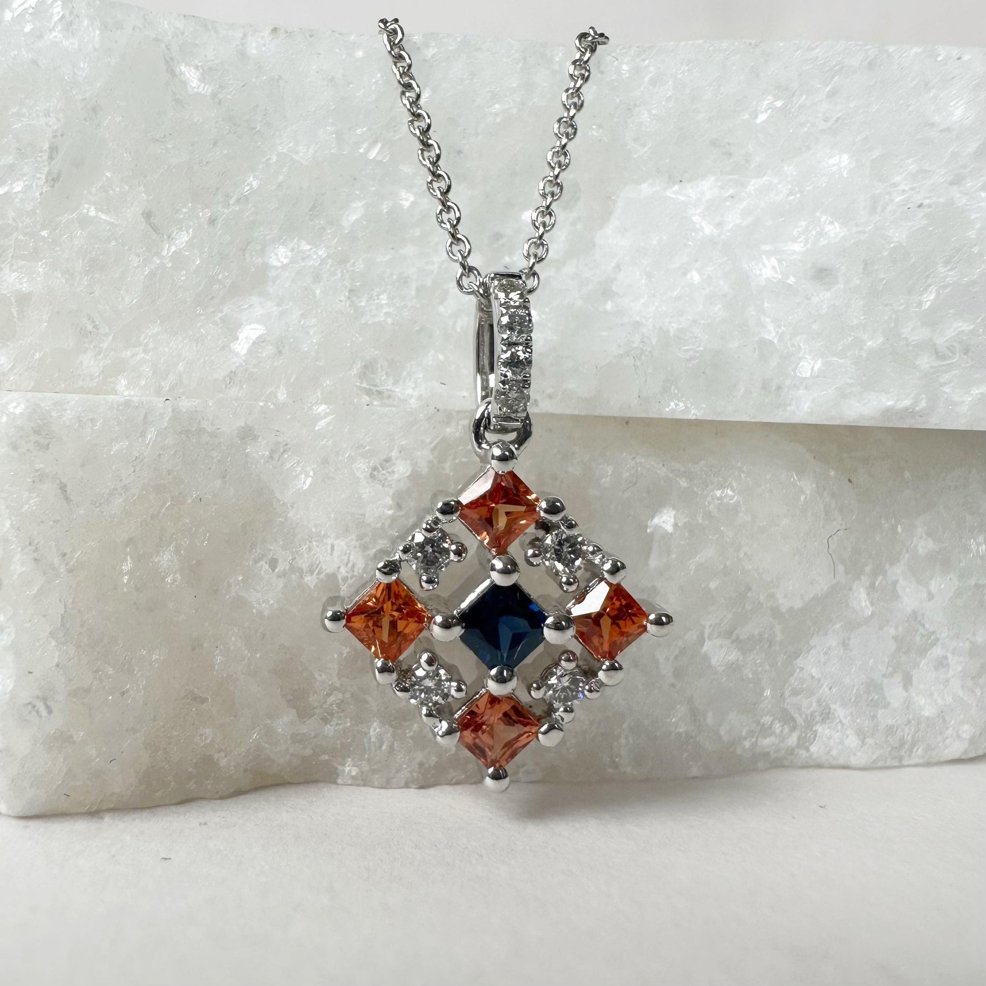 14K Solid Gold Genuine Color Sapphire and Diamond Tetris Pendant