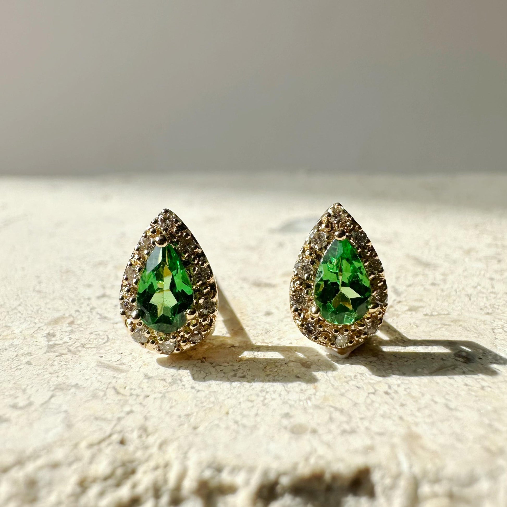 14K Solid Gold Genuine Diamond and Tsavorite Garnet Teardrop Studs/Pair