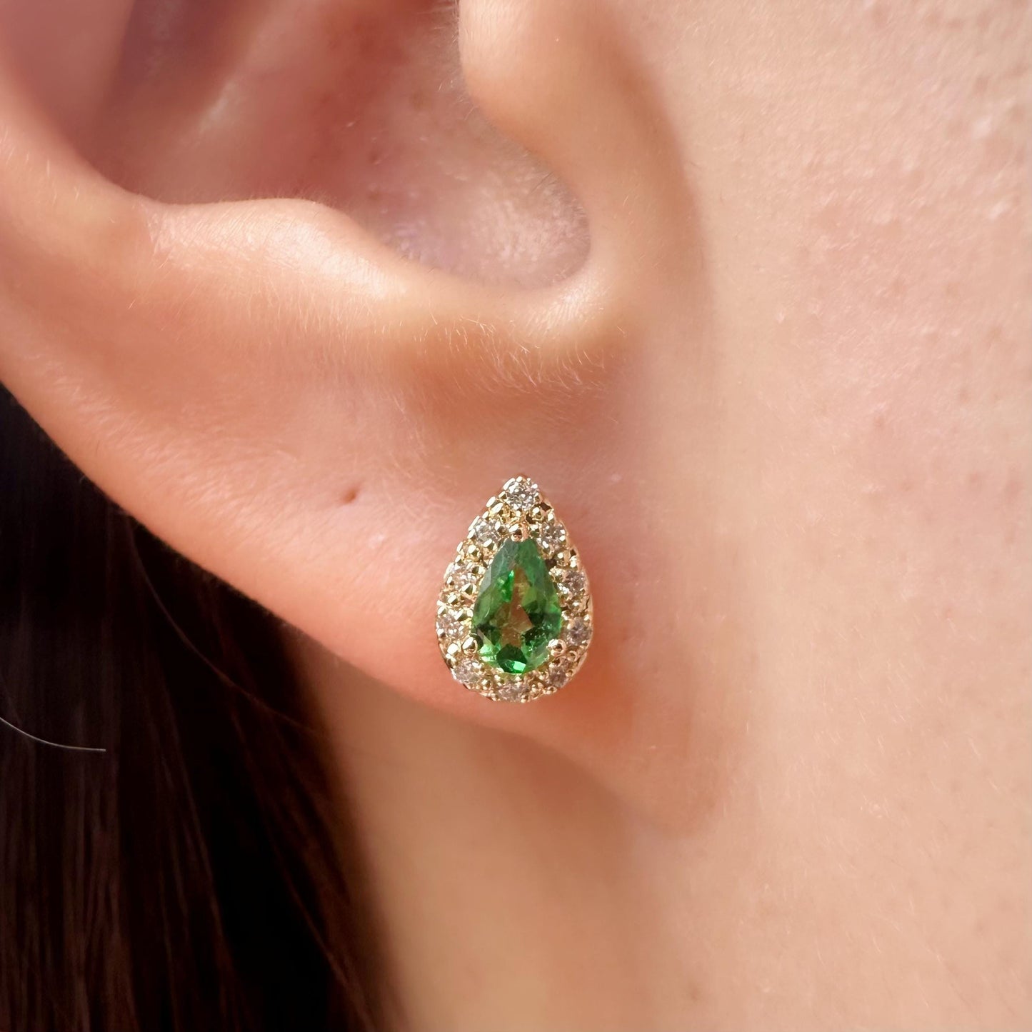 14K Solid Gold Genuine Diamond and Tsavorite Garnet Teardrop Studs/Pair