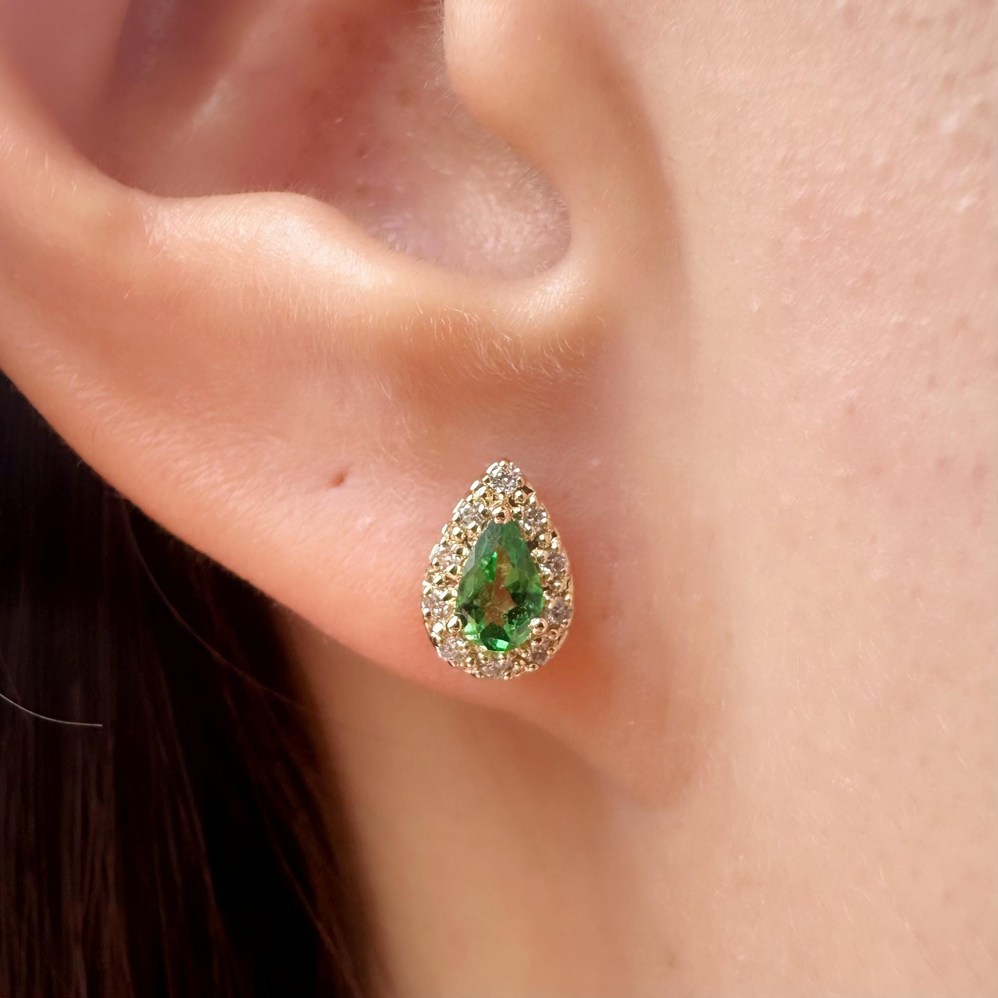 14K Solid Gold Genuine Diamond and Tsavorite Garnet Teardrop Studs/Pair