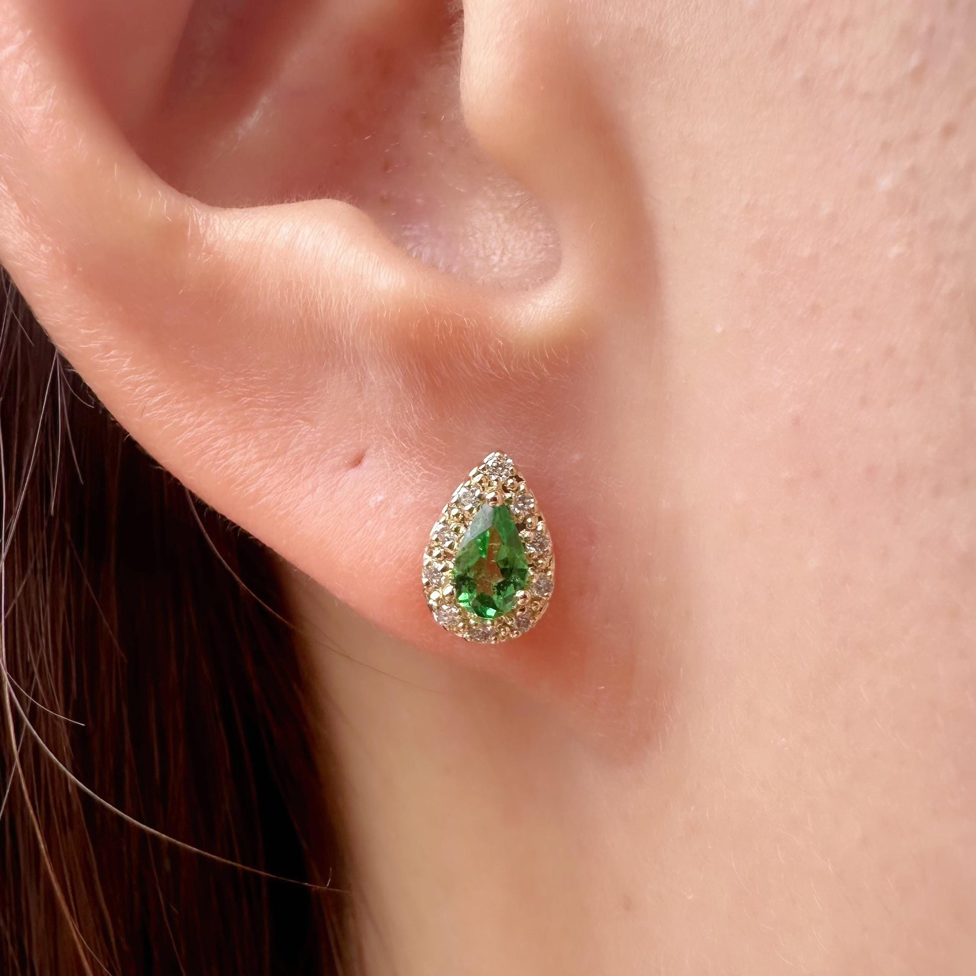 14K Solid Gold Genuine Diamond and Tsavorite Garnet Teardrop Studs/Pair