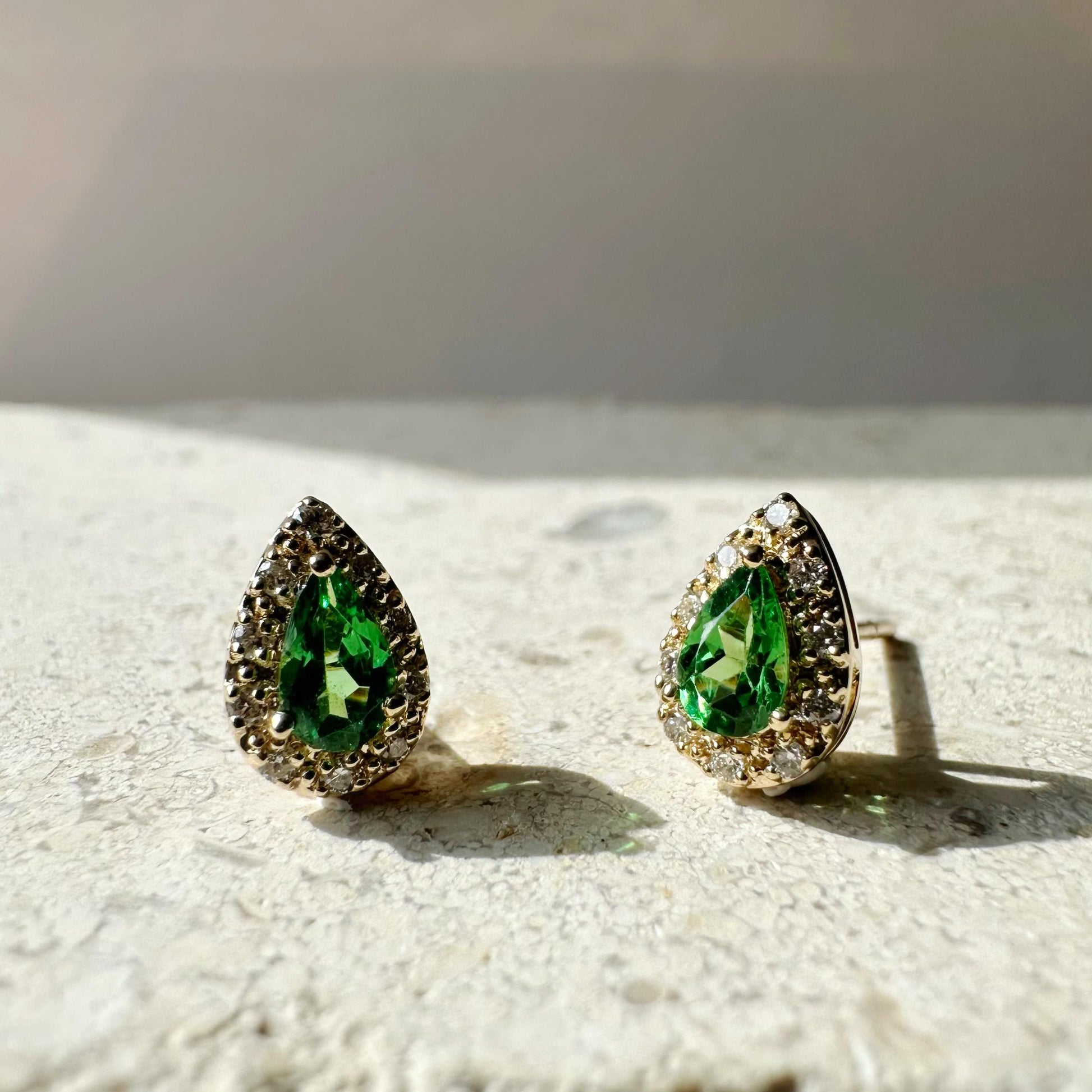 14K Solid Gold Genuine Diamond and Tsavorite Garnet Teardrop Studs/Pair