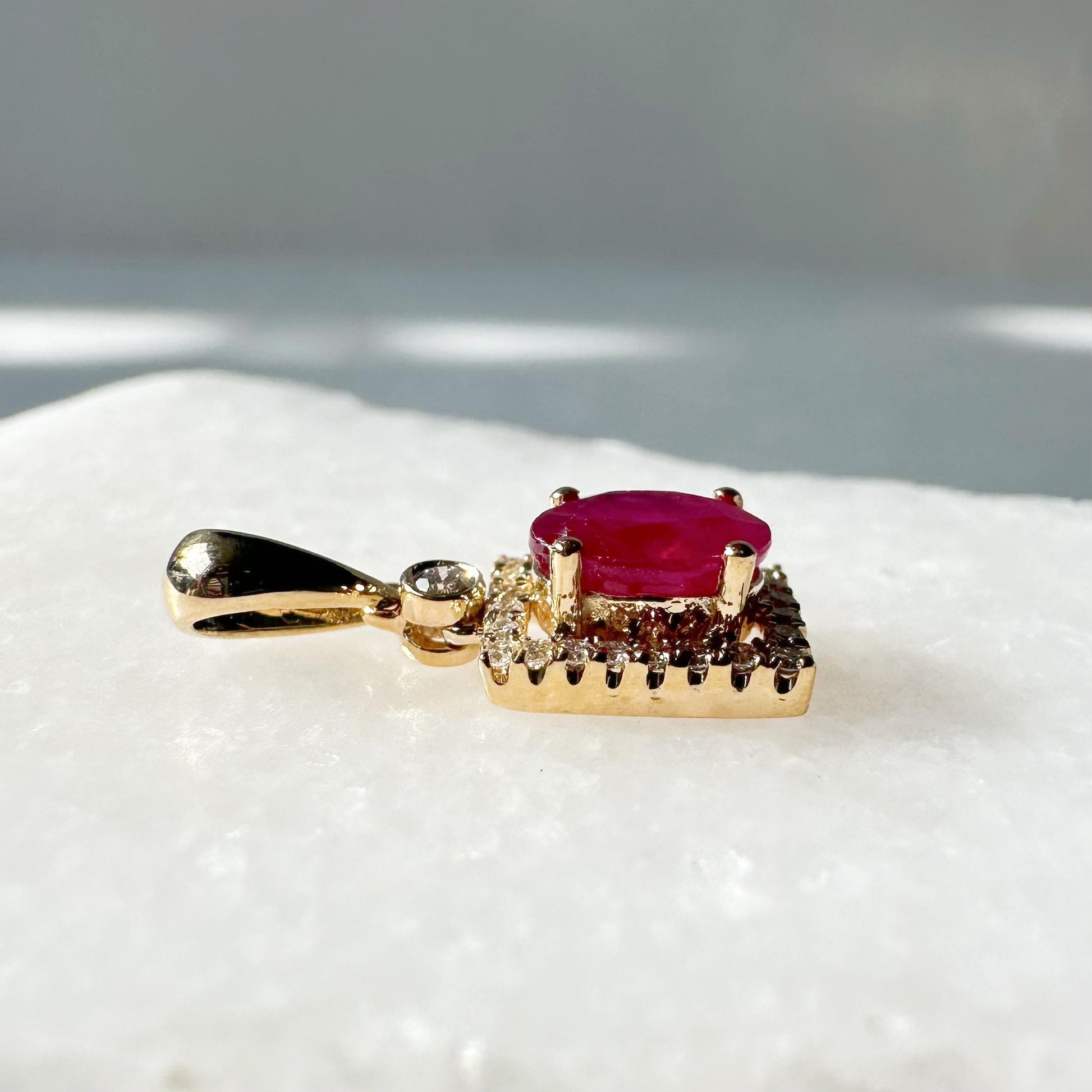 14K Solid Gold Genuine Oval Ruby and Diamond Square Pendant