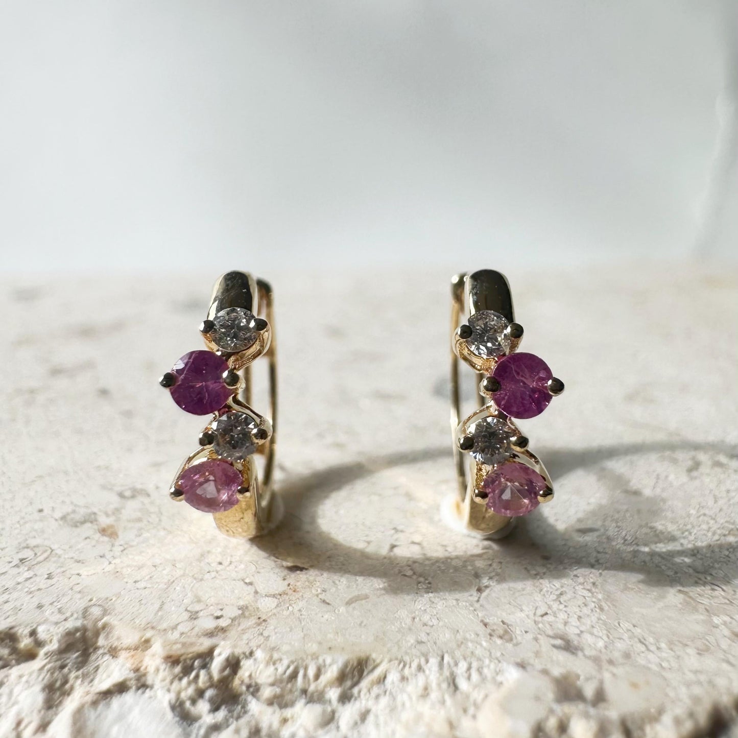 14K Solid Gold Genuine Pink Sapphire and Diamond Cluster Huggies/Hoops/Pair