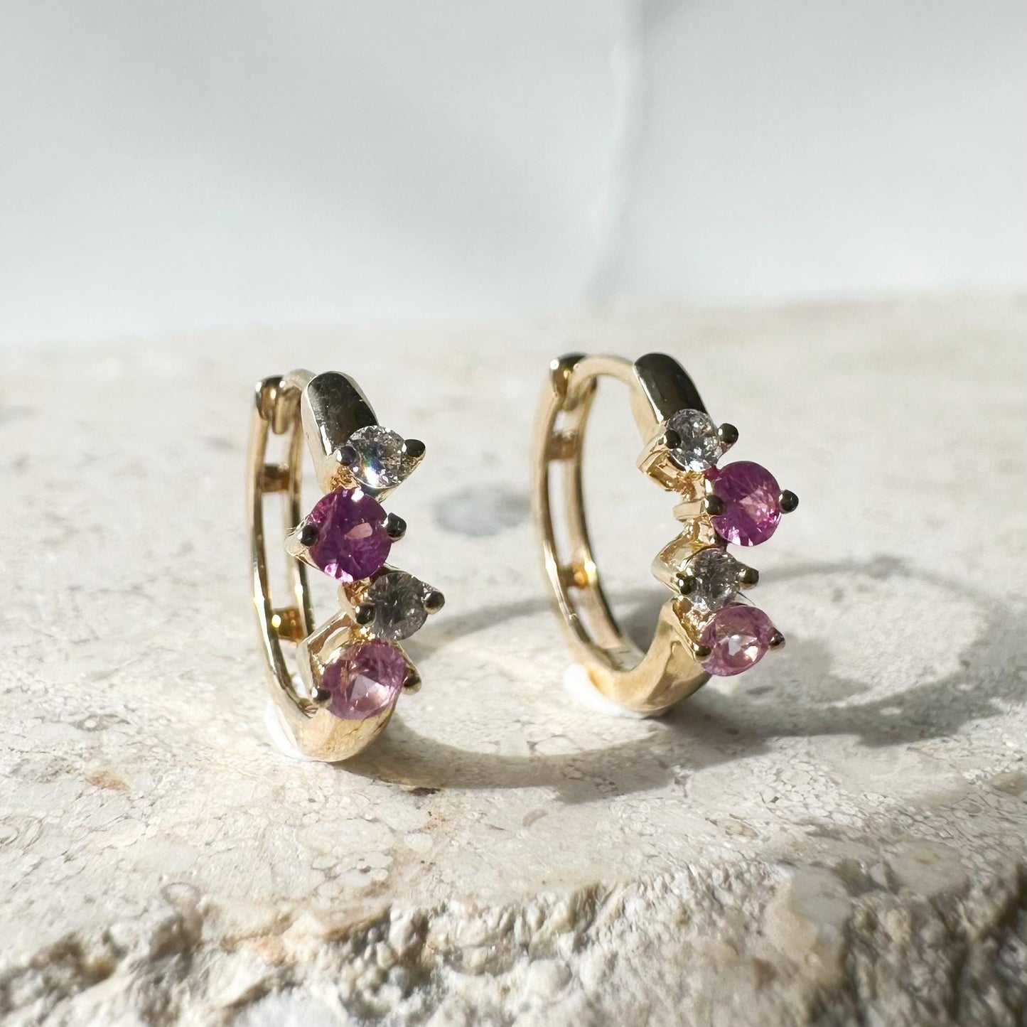 14K Solid Gold Genuine Pink Sapphire and Diamond Cluster Huggies/Hoops/Pair