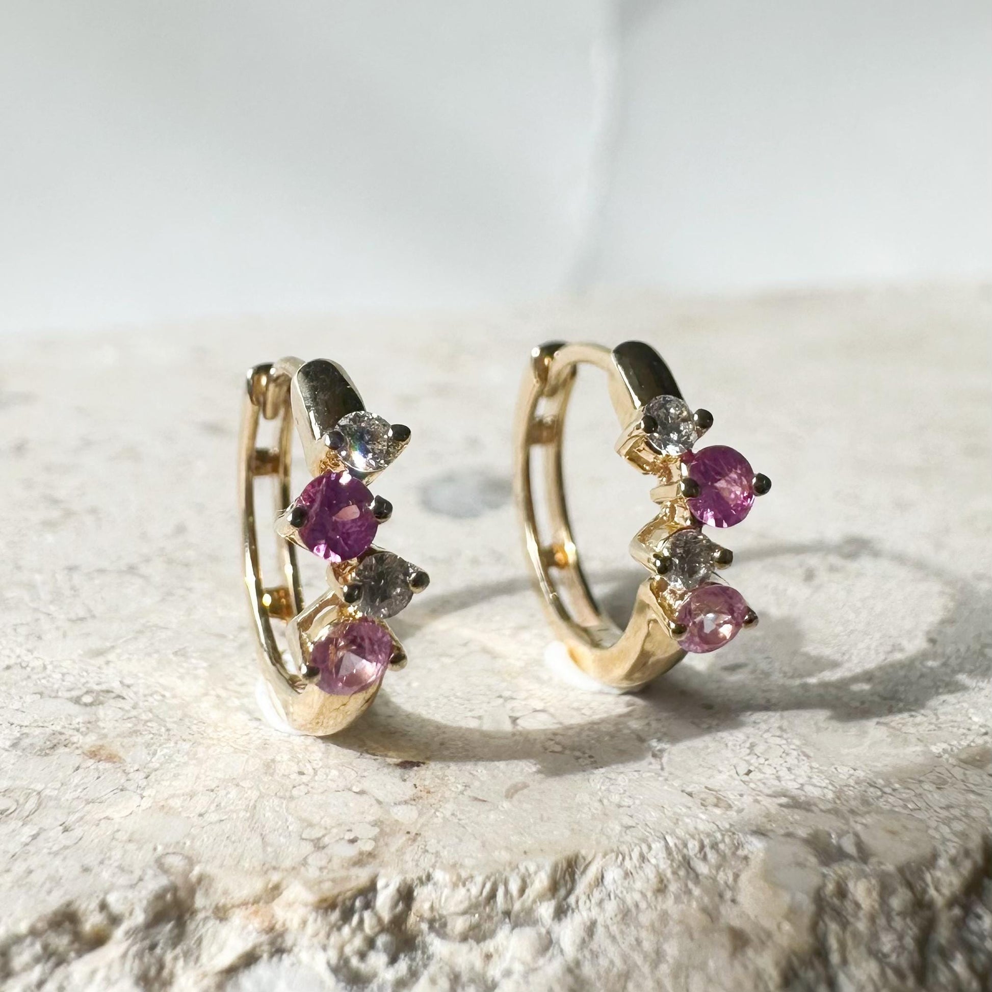 14K Solid Gold Genuine Pink Sapphire and Diamond Cluster Huggies/Hoops/Pair