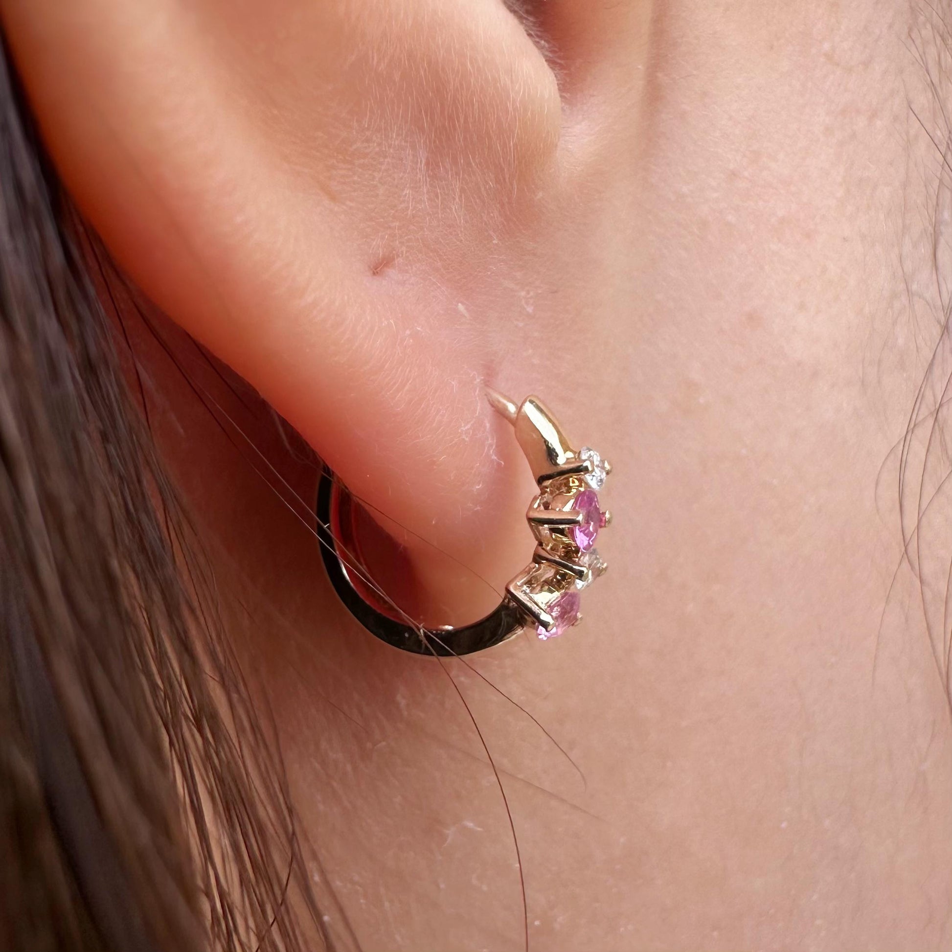 14K Solid Gold Genuine Pink Sapphire and Diamond Cluster Huggies/Hoops/Pair