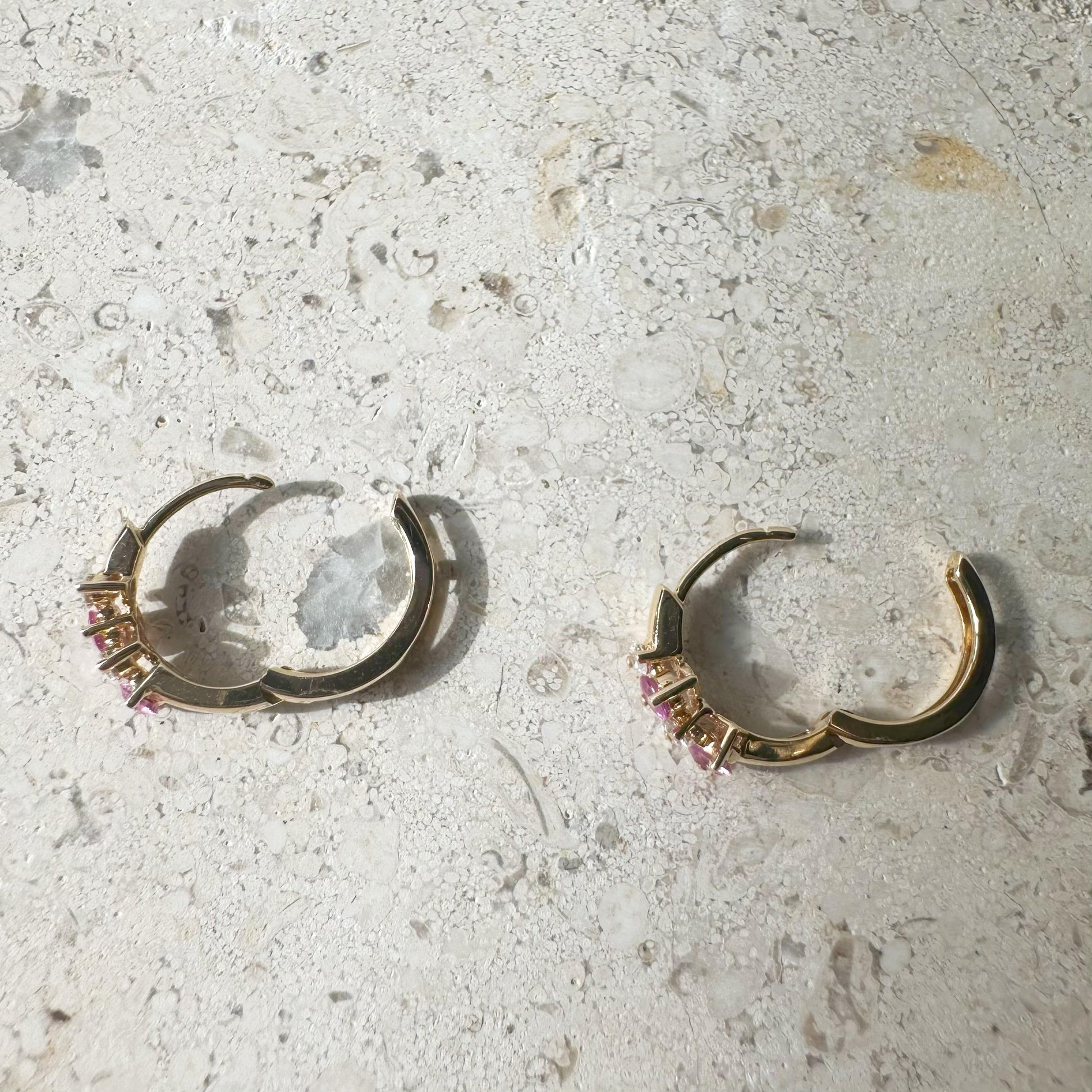14K Solid Gold Genuine Pink Sapphire and Diamond Cluster Huggies/Hoops/Pair