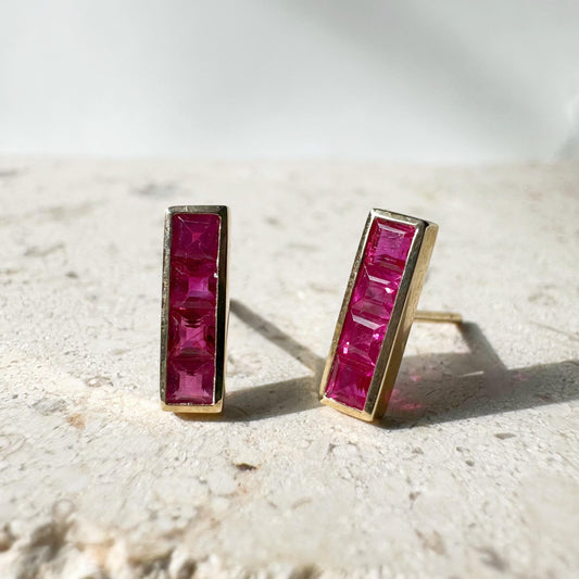 14K Solid Gold Genuine Ruby Bezel Bar Studs/Pair