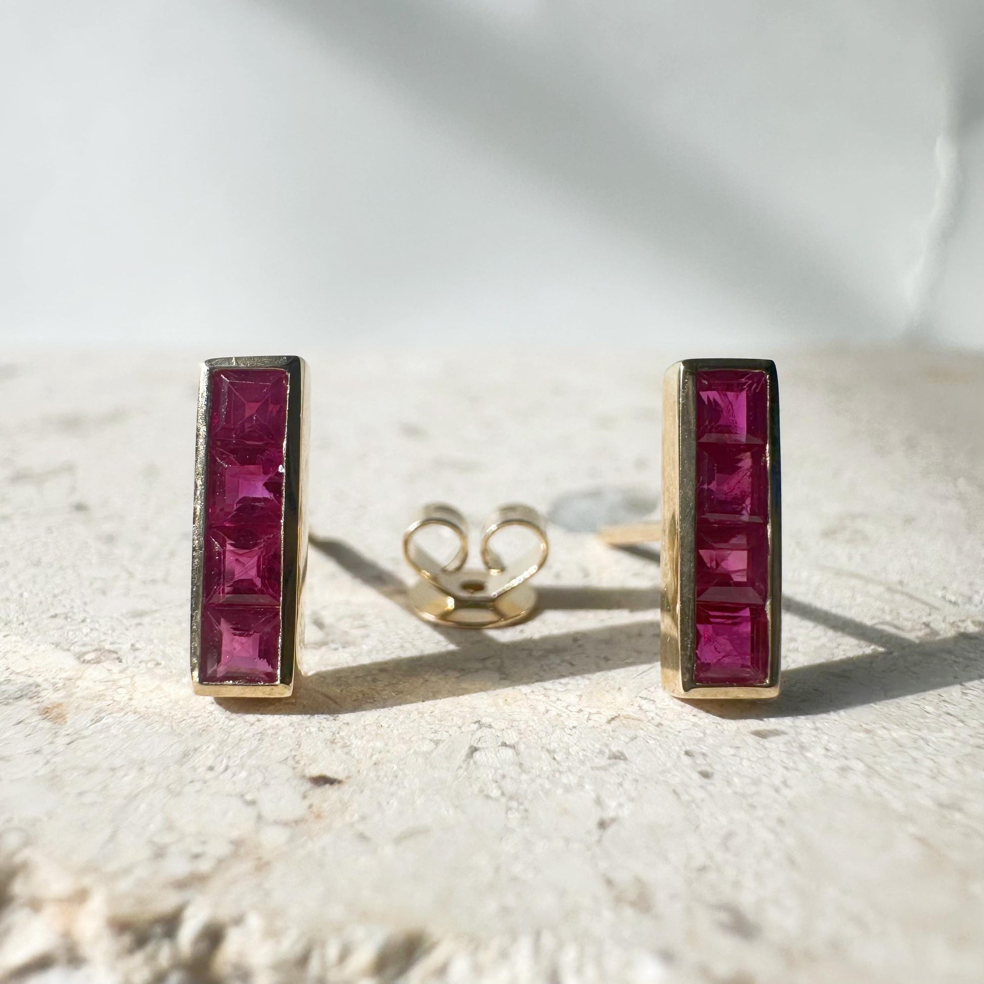 14K Solid Gold Genuine Ruby Bezel Bar Studs/Pair