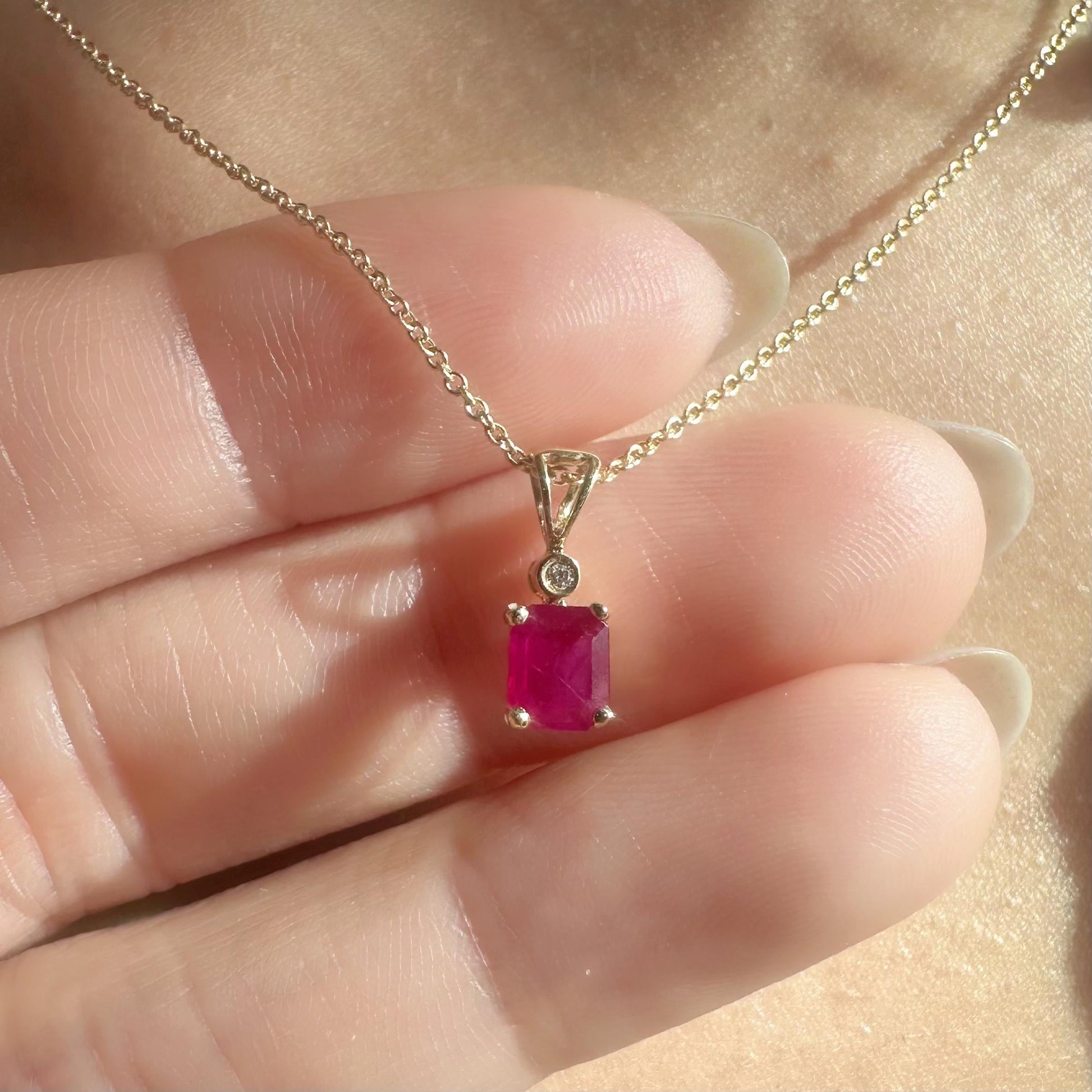 14K Solid Gold Genuine Octagon Ruby and Bezel Diamond Pendant