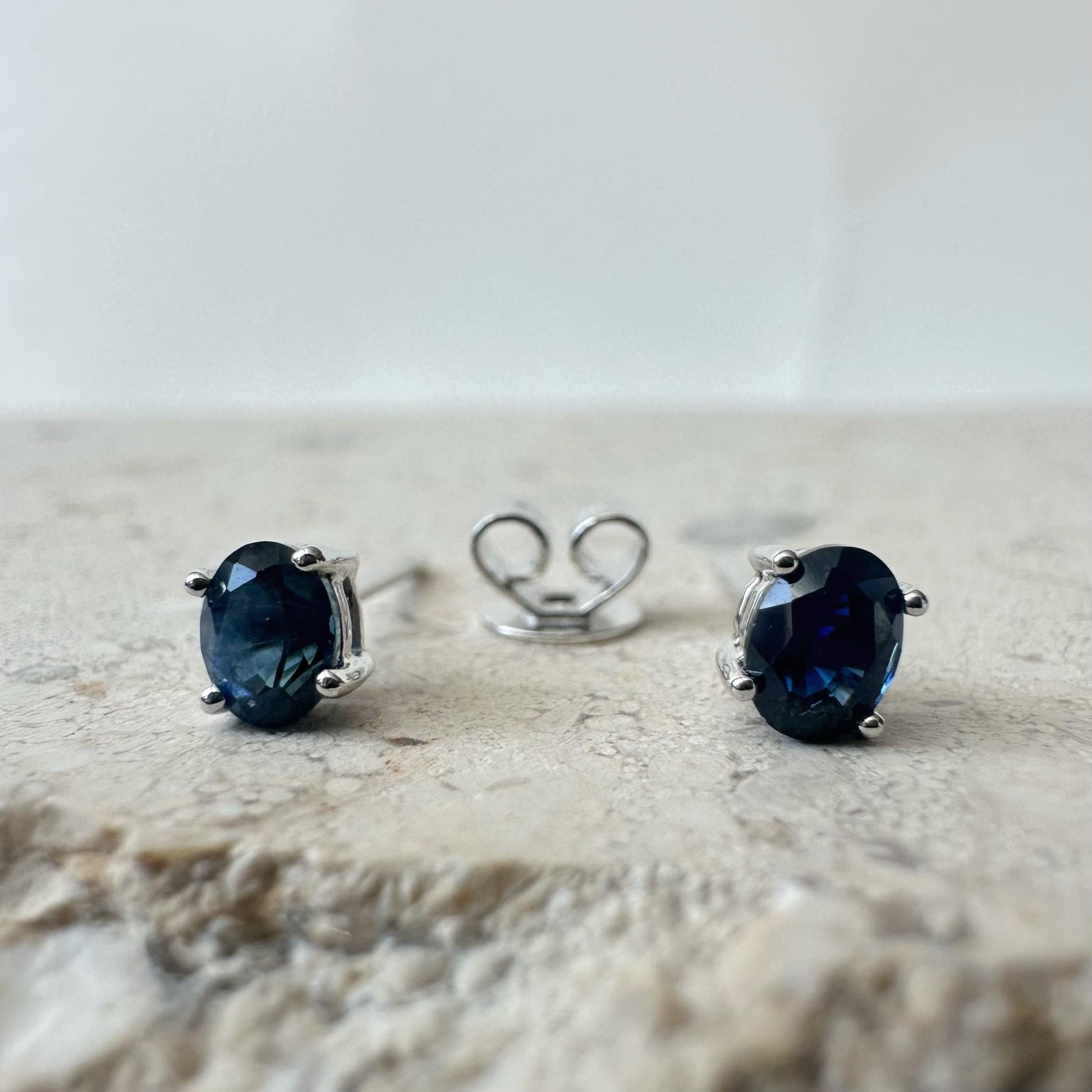 14K Solid White Gold Genuine Oval Sapphire Studs/Pair