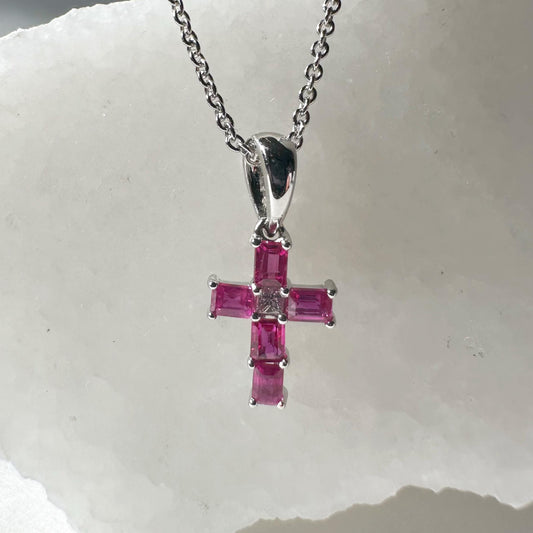 14K Solid White Gold Genuine Baguette Ruby and Diamond Cross Pendant
