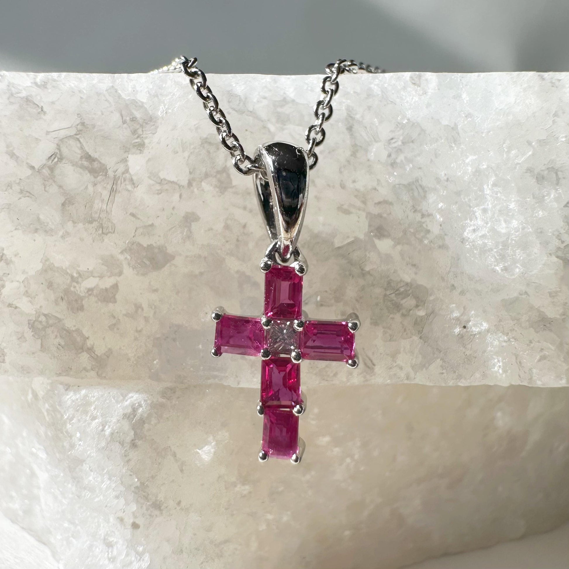 14K Solid White Gold Genuine Baguette Ruby and Diamond Cross Pendant