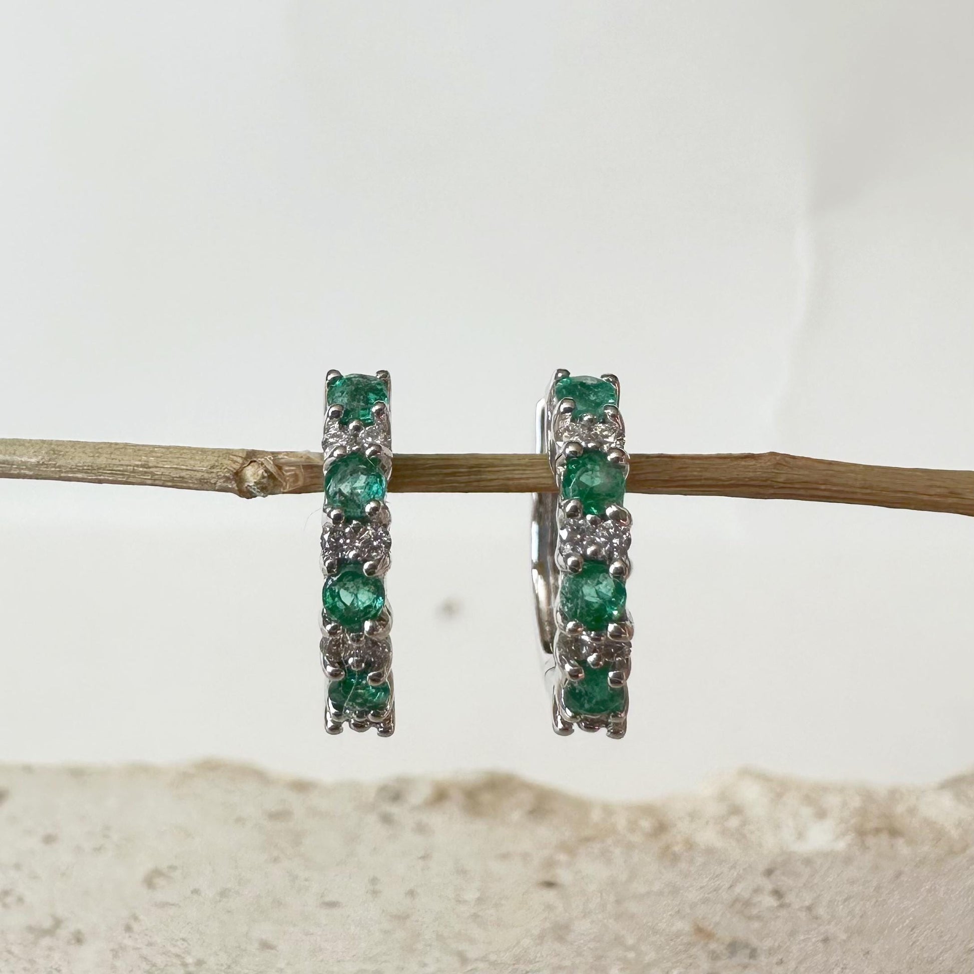 14K Solid Gold Genuine Emerald and Diamond Hoops