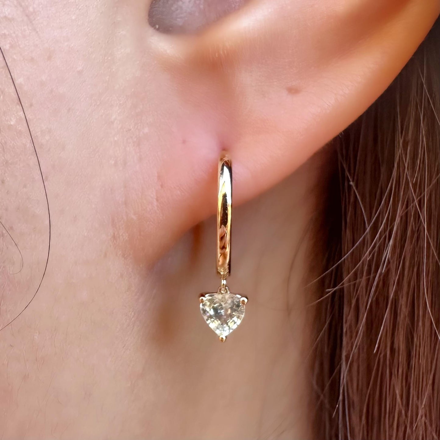 14K Solid Gold Genuine Green Sapphire Heart Huggies/Hoops/Pair