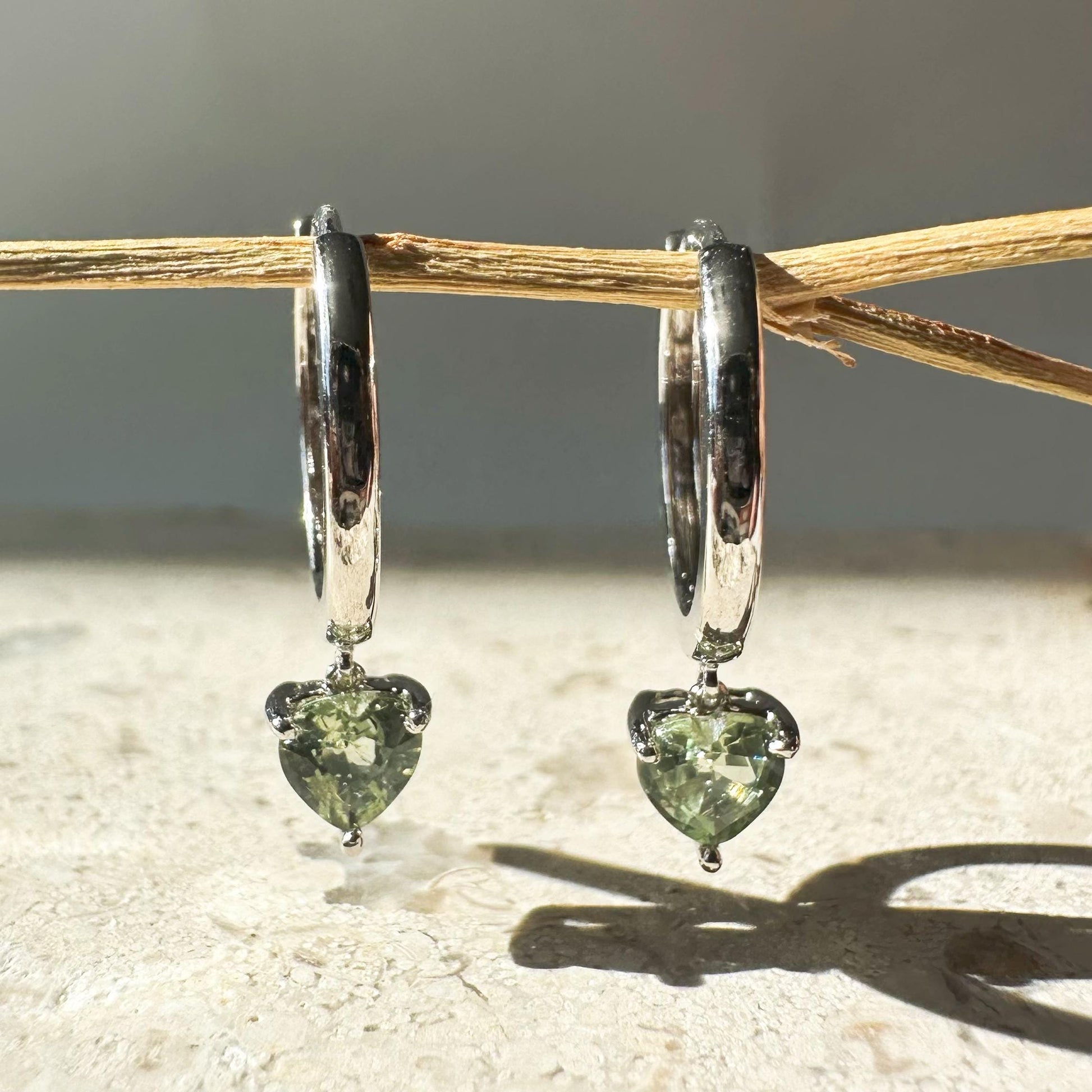 14K Solid Gold Genuine Green Sapphire Heart Huggies/Hoops/Pair