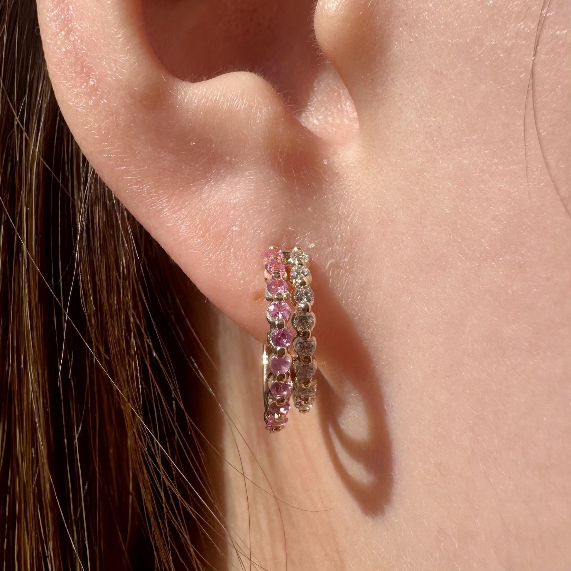14K Solid Yellow Gold Genuine Pink Sapphire and Diamond Double Hoops/Pair