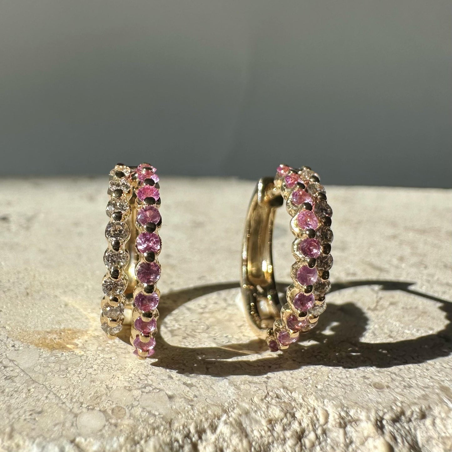14K Solid Yellow Gold Genuine Pink Sapphire and Diamond Double Hoops/Pair