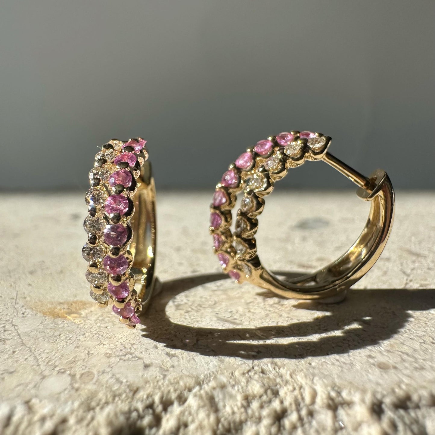 14K Solid Yellow Gold Genuine Pink Sapphire and Diamond Double Hoops/Pair