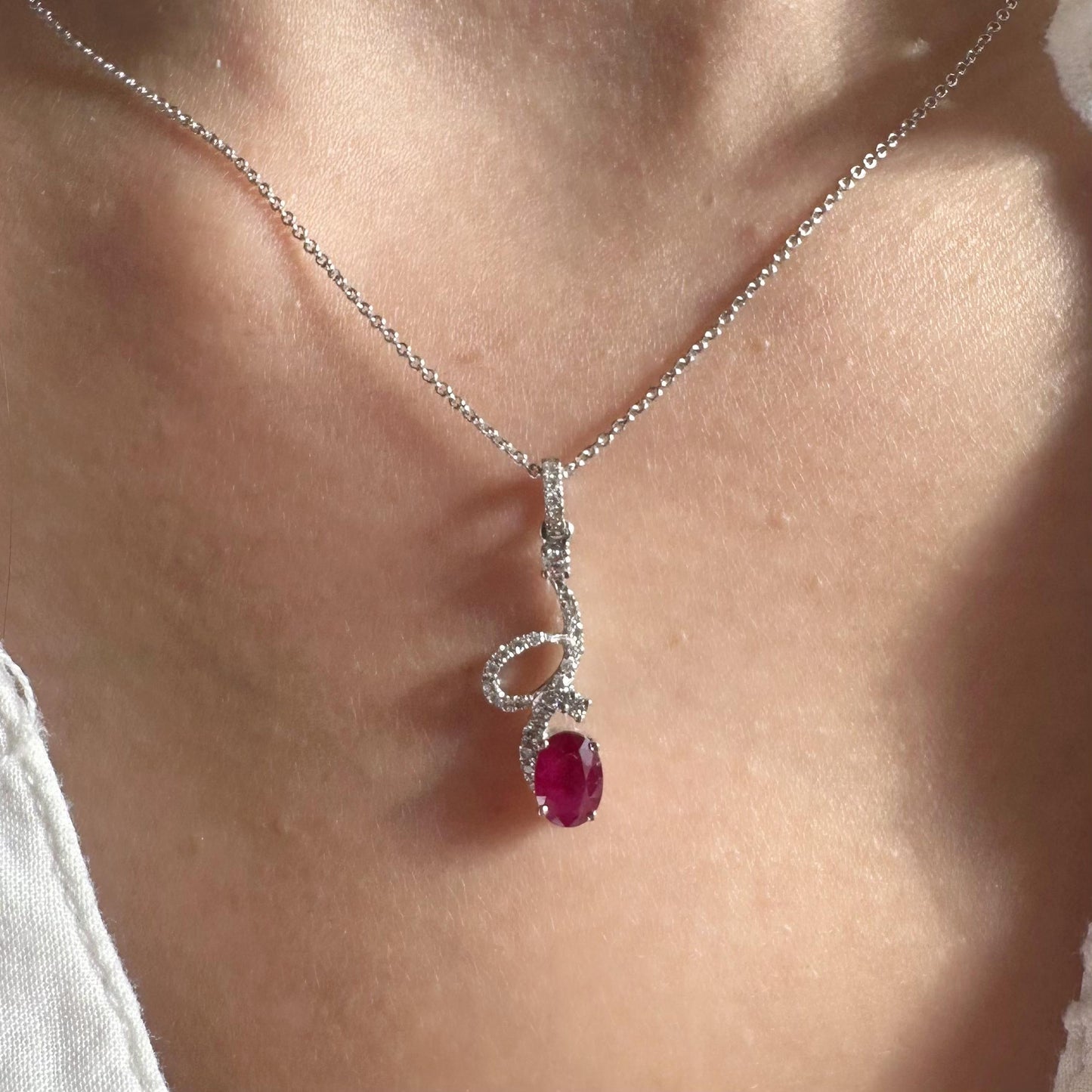 18K Solid White Gold Genuine Diamond and Ruby Dangle Pendant
