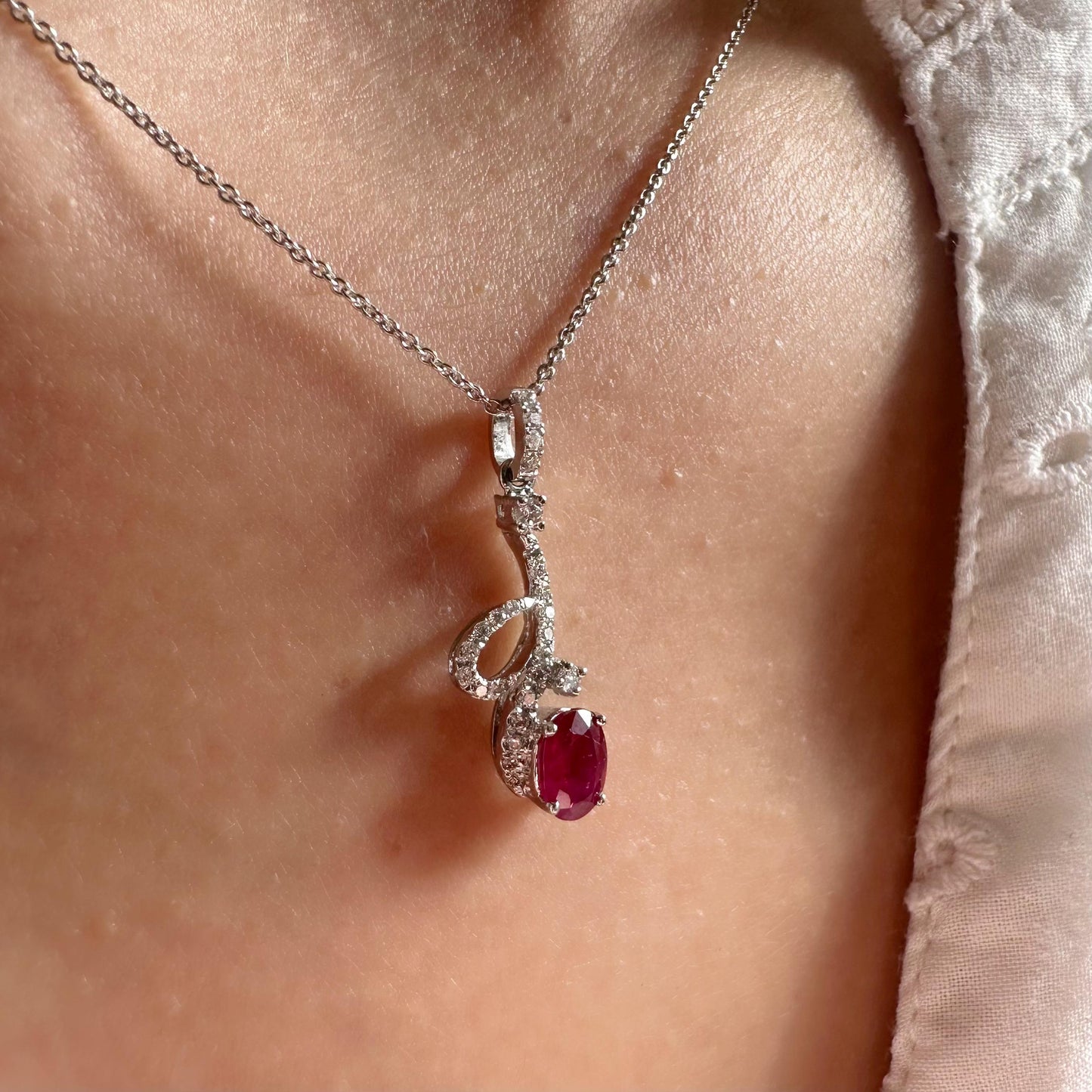 18K Solid White Gold Genuine Diamond and Ruby Dangle Pendant