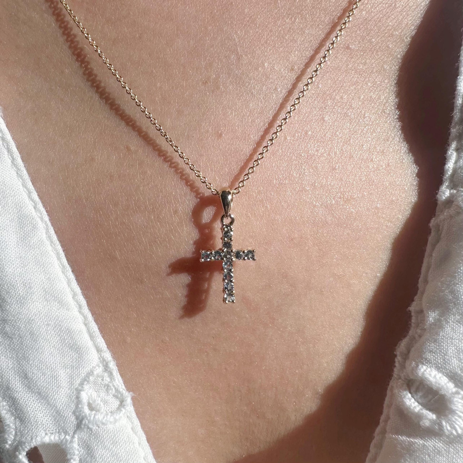 14K Solid Gold Genuine Blue Topaz Cross Pendant