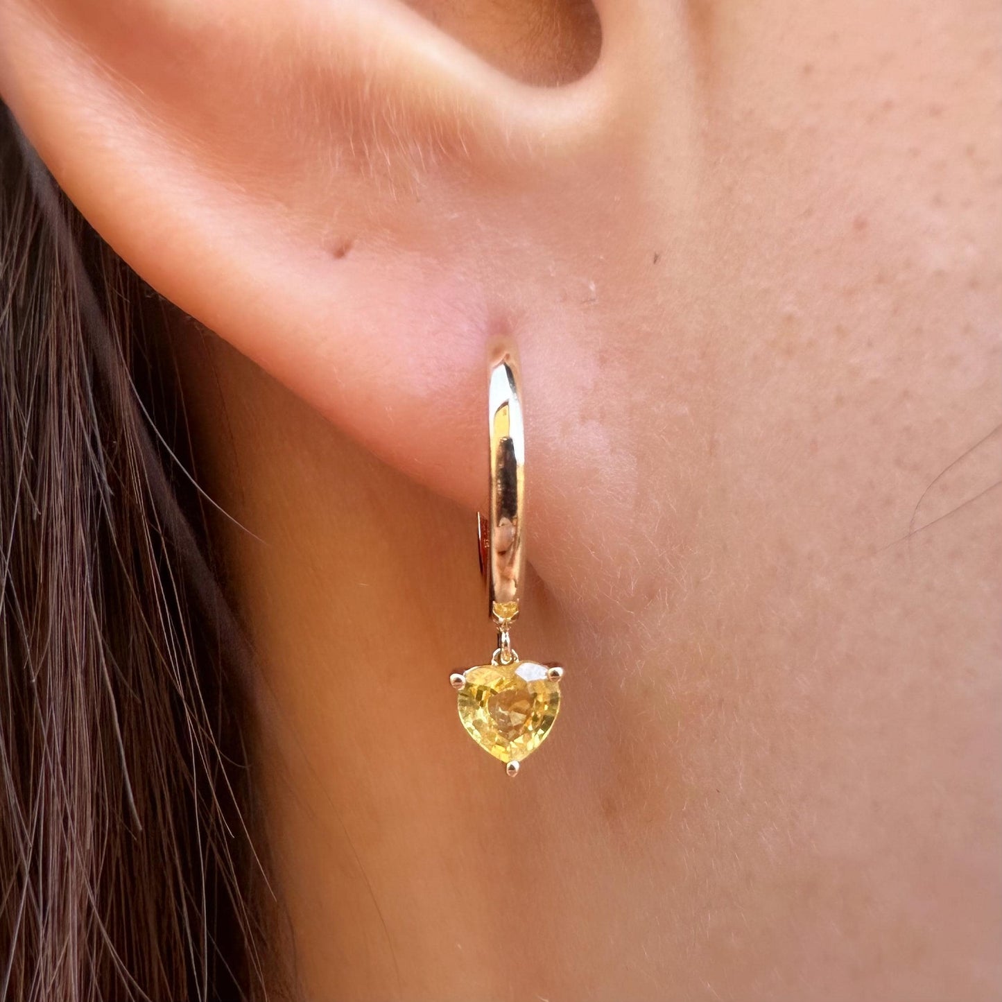 14K Solid Gold Genuine Yellow Sapphire Heart Huggies/Hoops/Pair