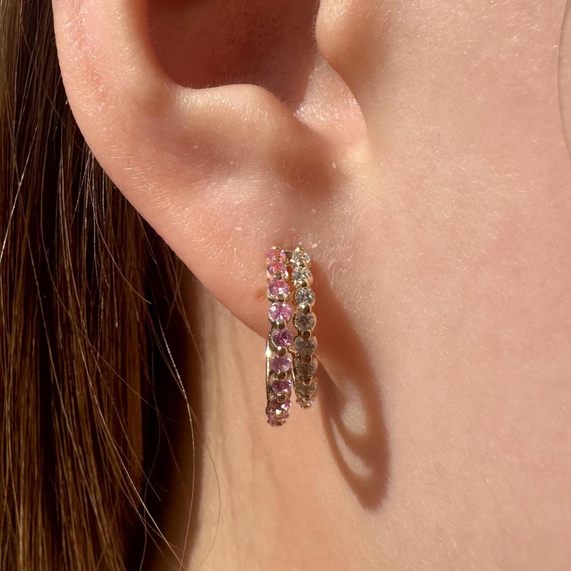 14K Solid Yellow Gold Genuine Pink Sapphire and Diamond Double Hoops/Pair