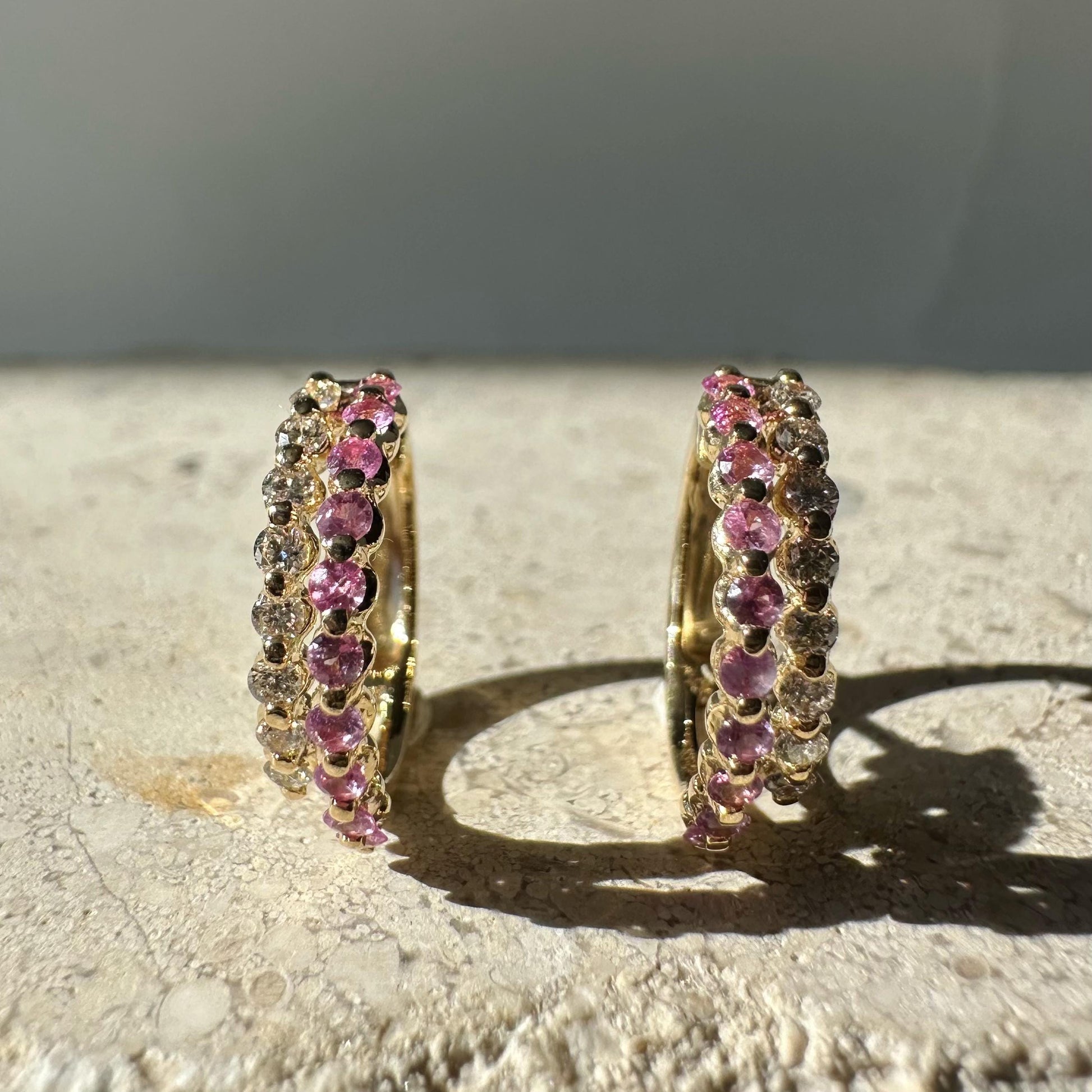 14K Solid Yellow Gold Genuine Pink Sapphire and Diamond Double Hoops/Pair