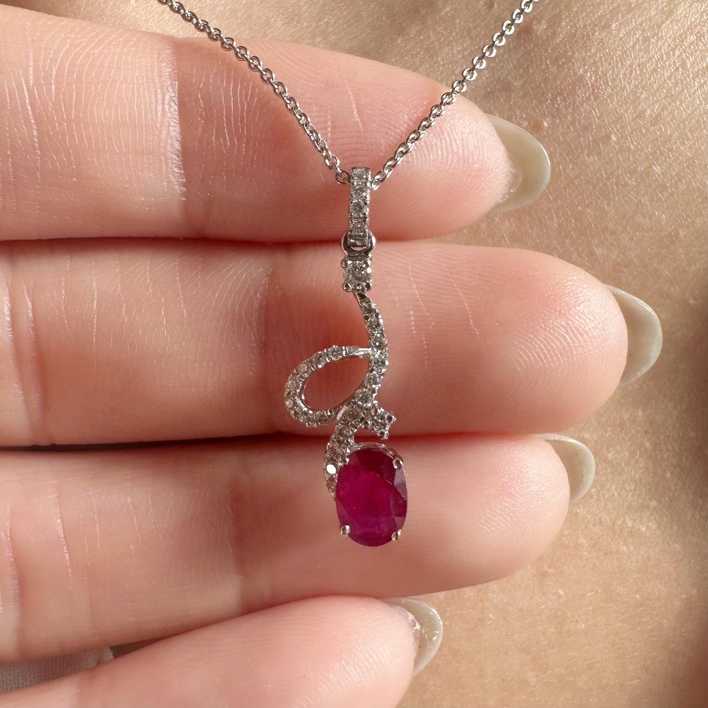 18K Solid White Gold Genuine Diamond and Ruby Dangle Pendant