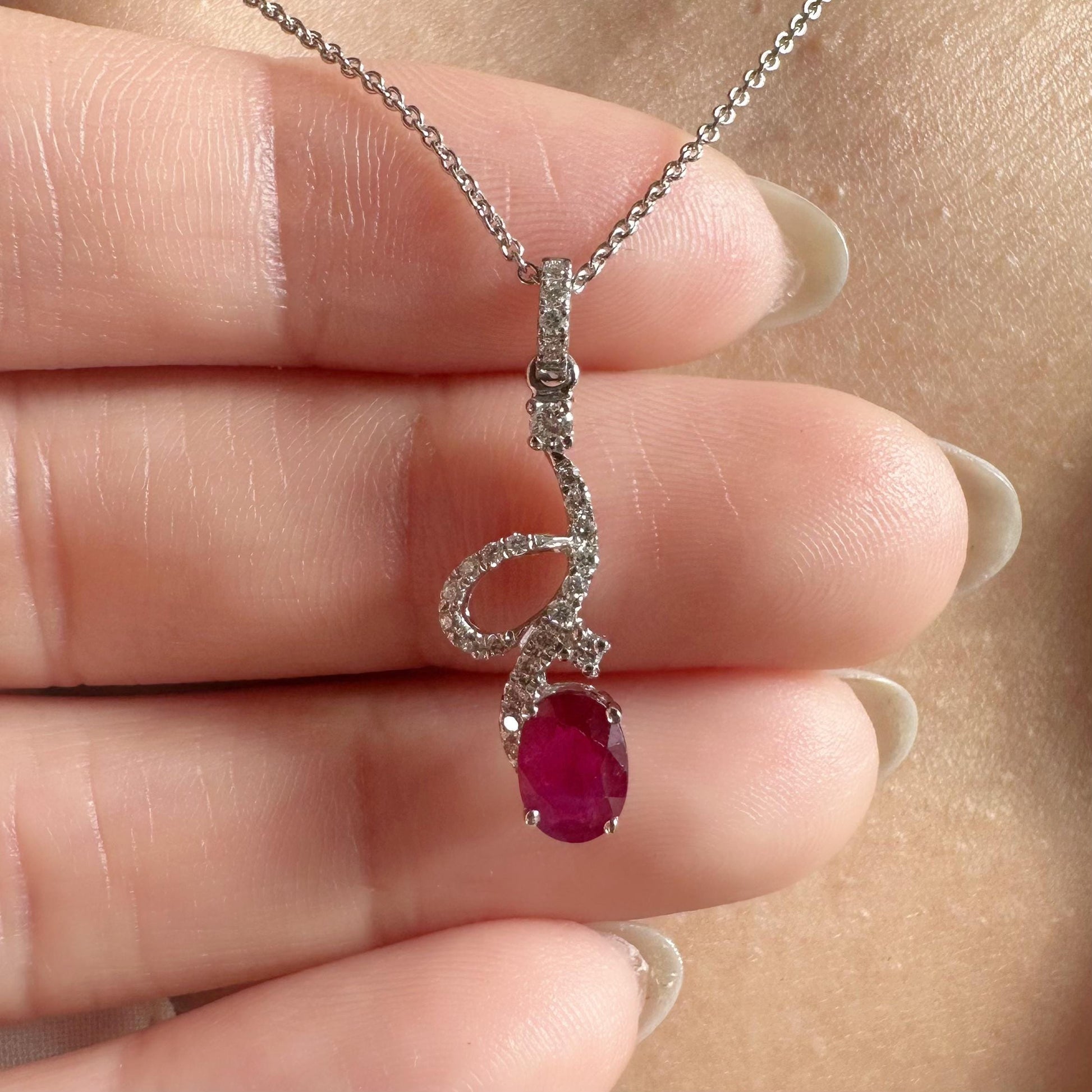 18K Solid White Gold Genuine Diamond and Ruby Dangle Pendant