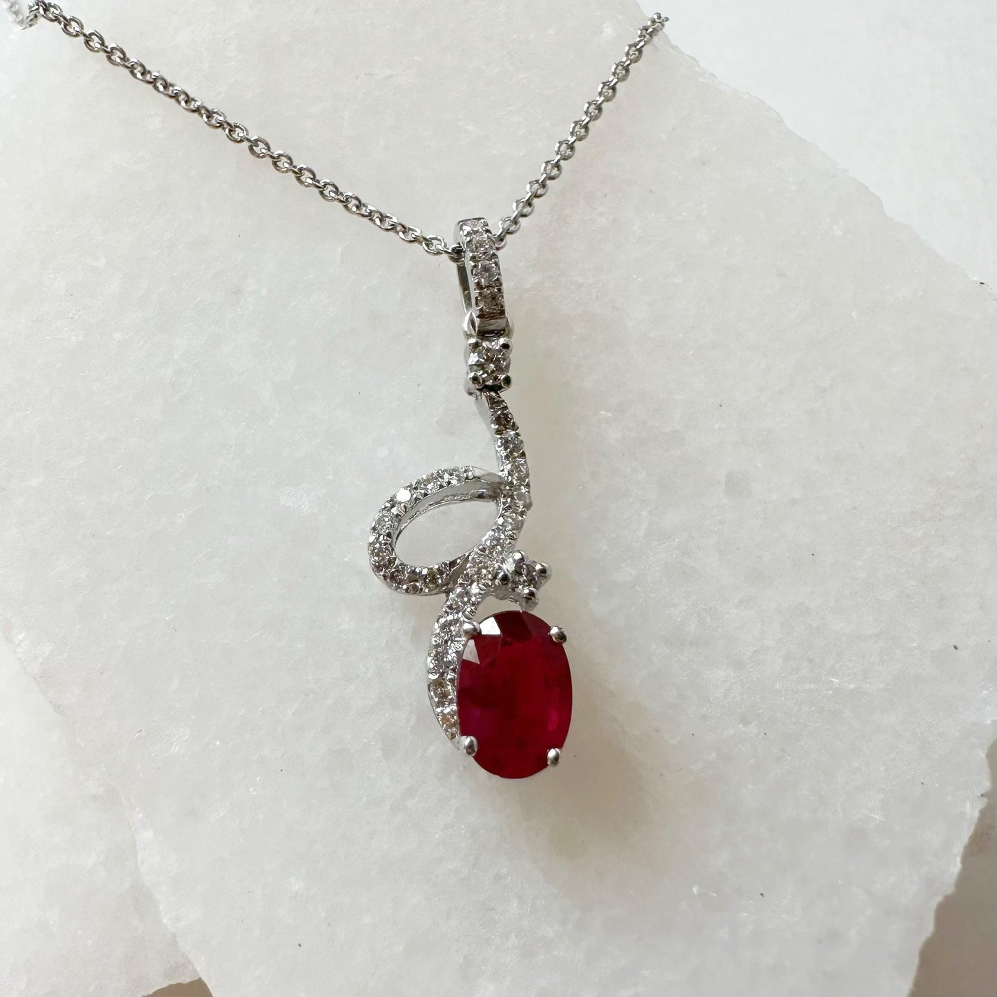 18K Solid White Gold Genuine Diamond and Ruby Dangle Pendant