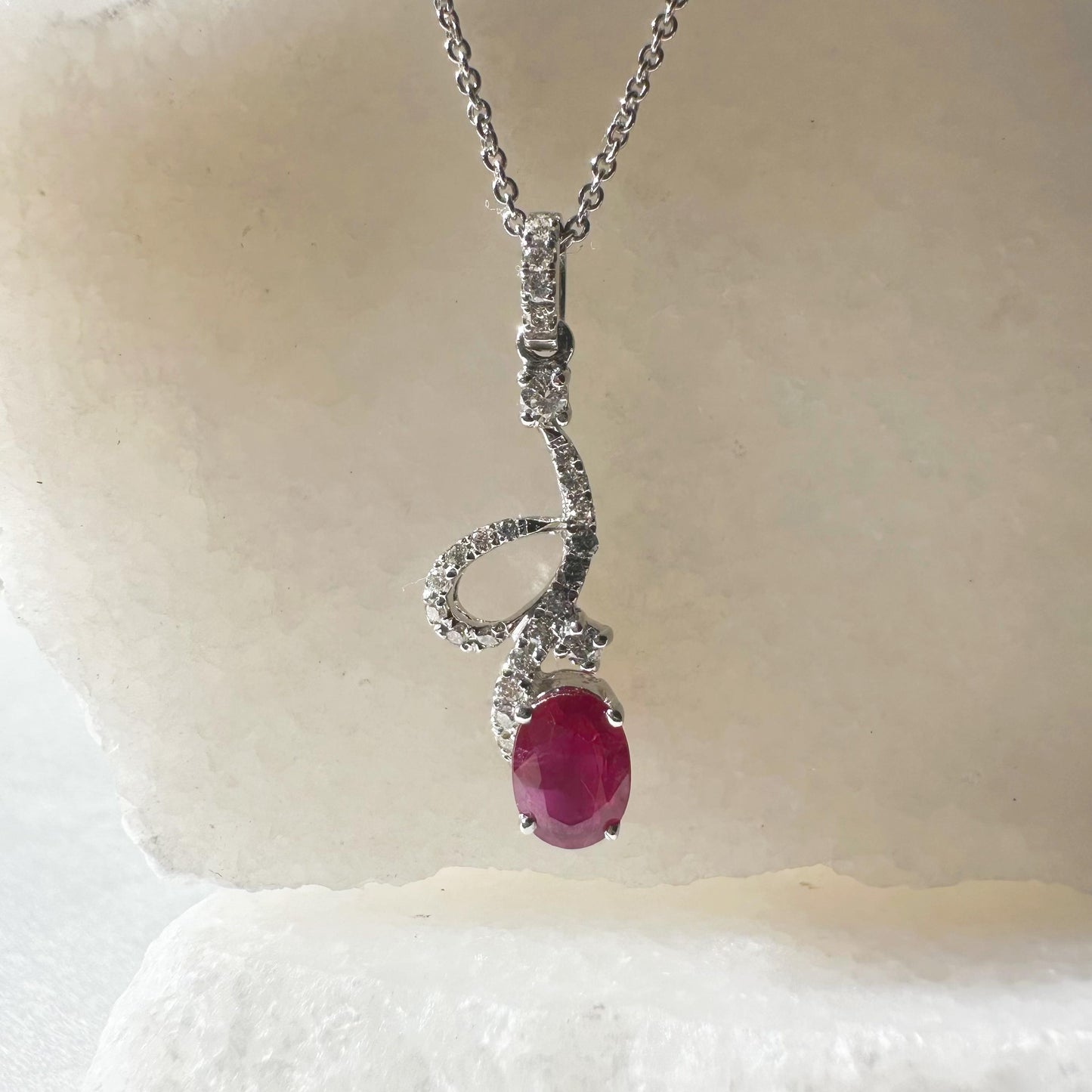 18K Solid White Gold Genuine Diamond and Ruby Dangle Pendant