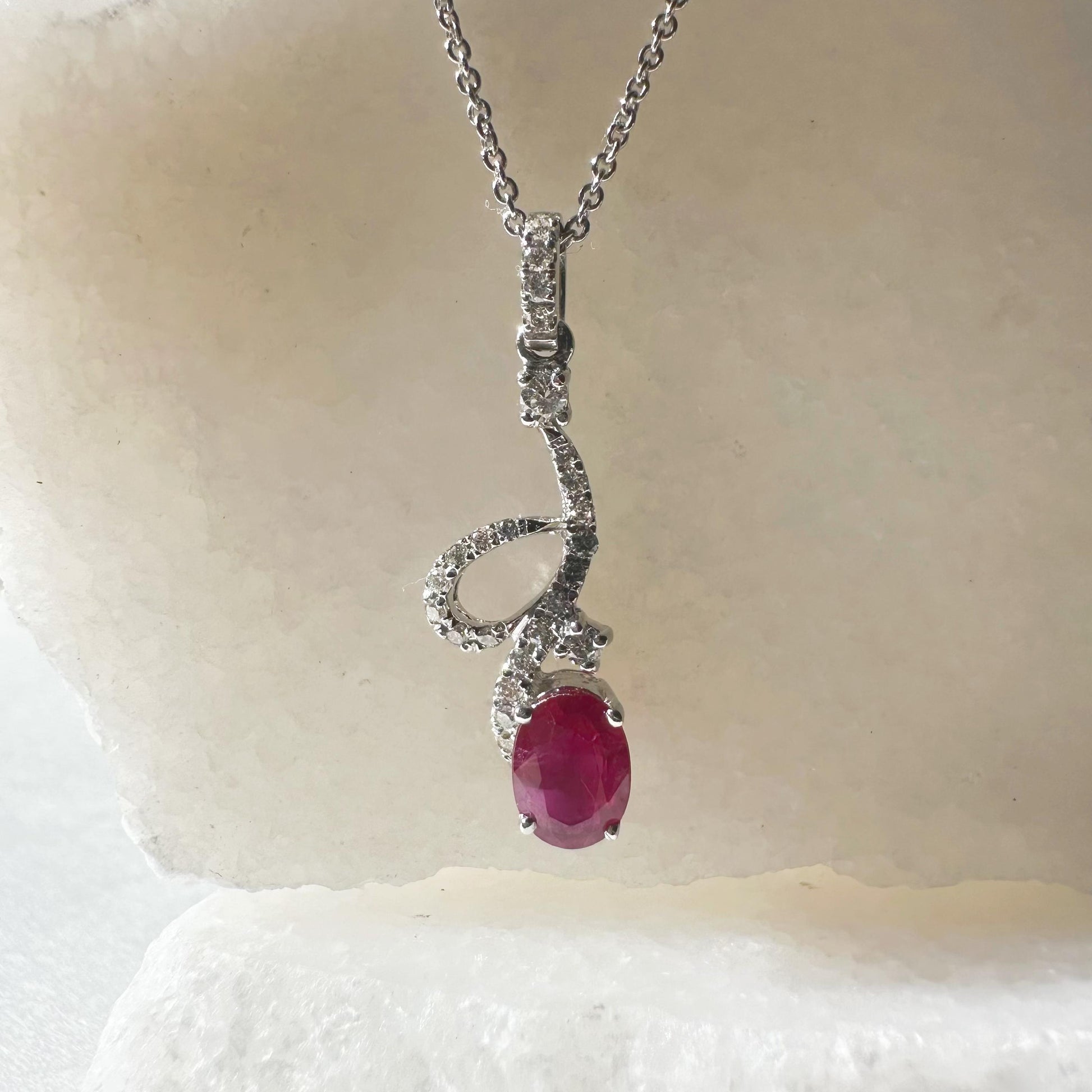 18K Solid White Gold Genuine Diamond and Ruby Dangle Pendant