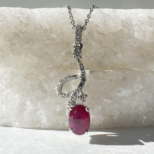 18K Solid White Gold Genuine Diamond and Ruby Dangle Pendant