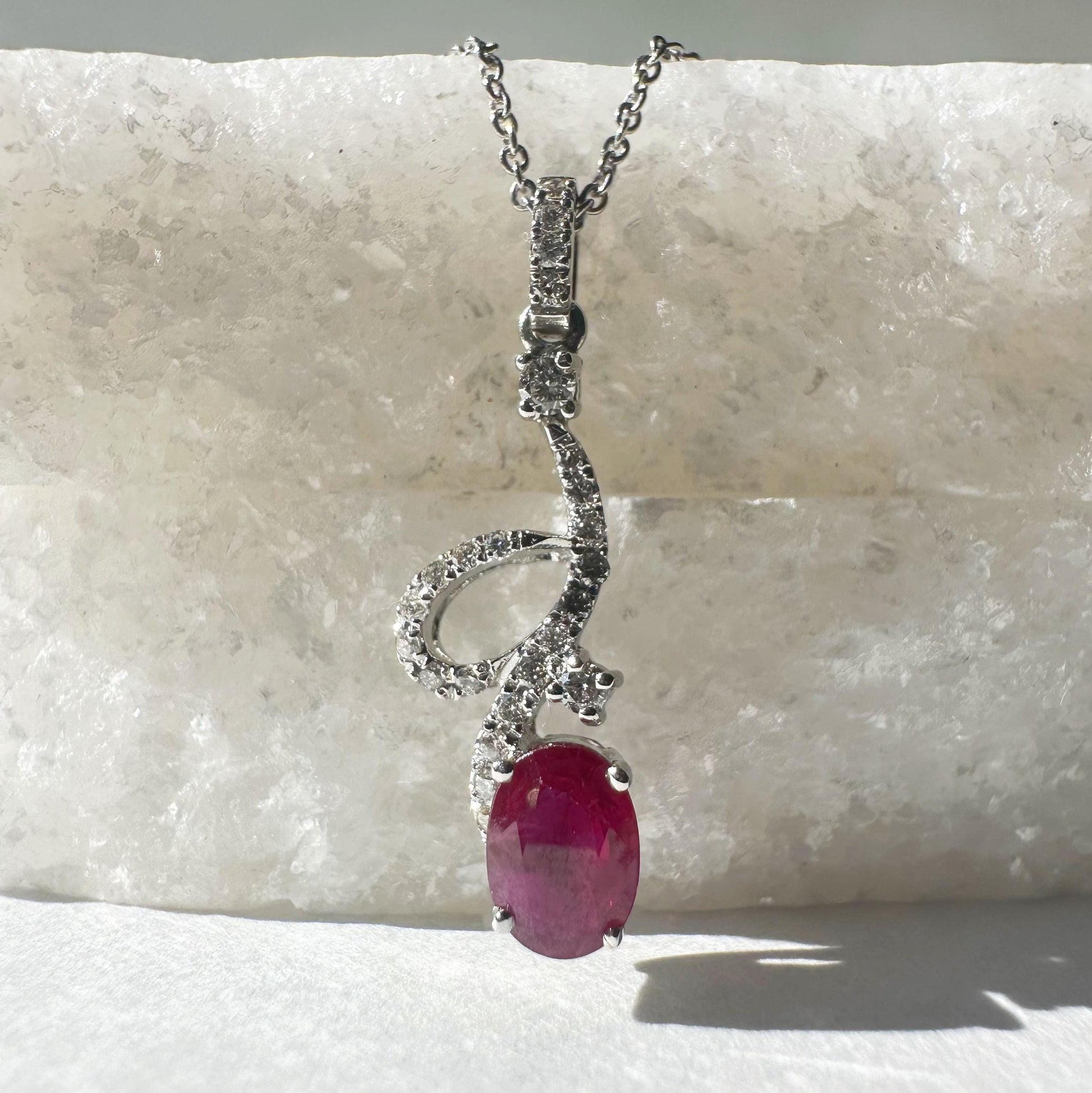 18K Solid White Gold Genuine Diamond and Ruby Dangle Pendant
