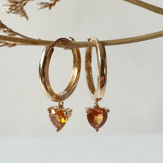 14K Solid Gold Genuine Orange Sapphire Heart Huggies/Hoops/Pair
