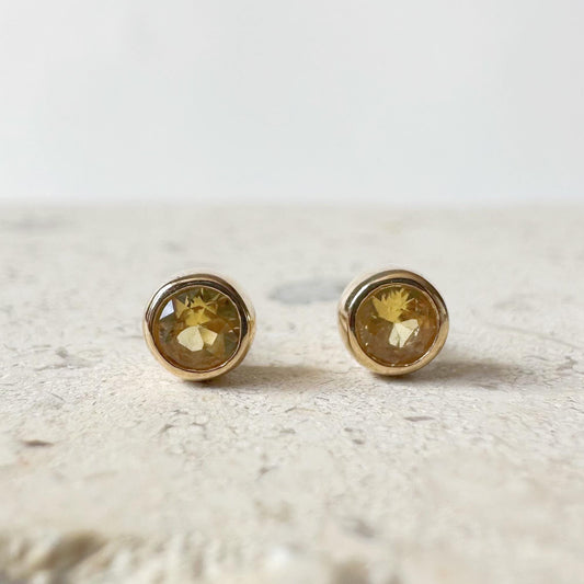 14K Solid Gold Genuine Yellow Sapphire Round Bezel Studs/Pair