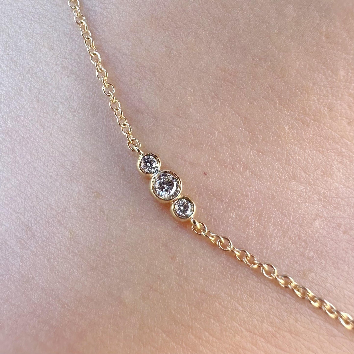 14K Solid Gold Genuine Bezel Diamond Strand Necklace